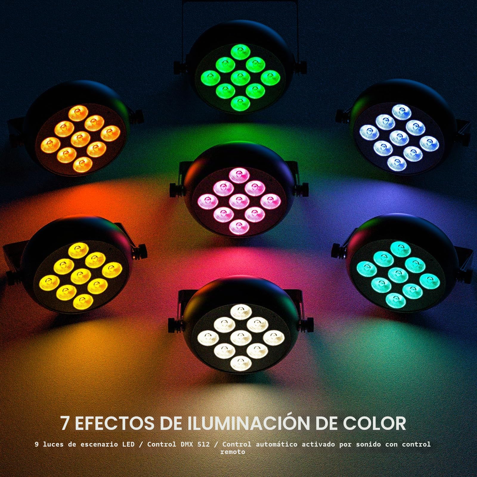 RGBW Foco Par LED con Par Bolsa, 9 LED Luz de Escenario DMX 5/8CH con Control Remoto y 4 Modos de Control, Luces Discoteca para DJ, Fiesta, Bar, Boda, Halloween, Navidad