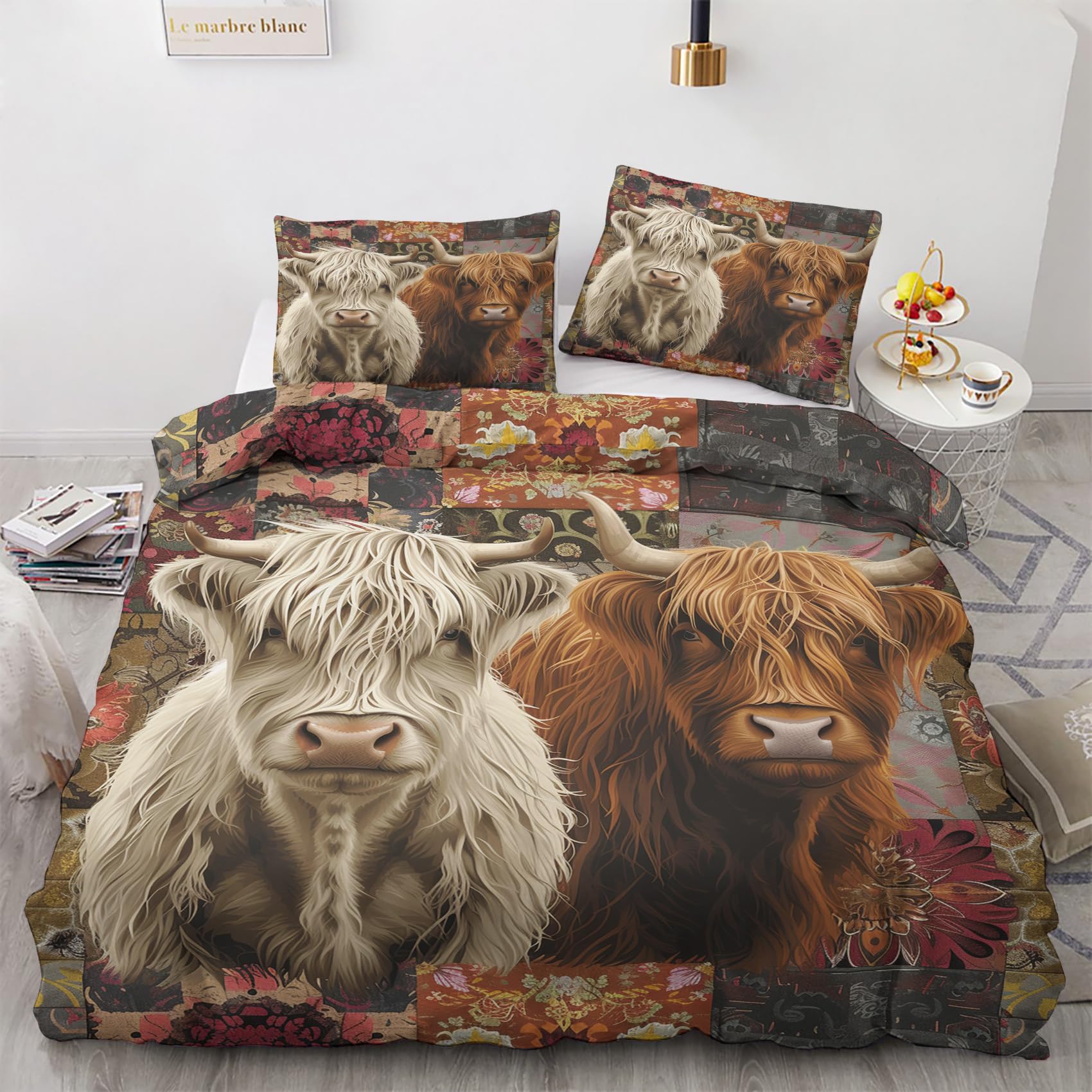 NOGAWA Highland Cow King Size Duvet Cover Sets - Farmhouse Animal Bedding King - Reversible Quilt Cover & 2 Pillowcases with Zip and Ties, Ultra Soft and Non Iron Brushed Microfibre Bed Set