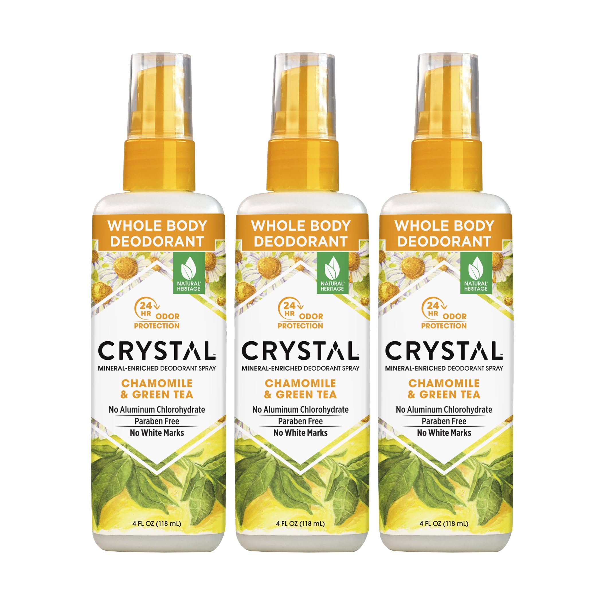 Crystal Deodorant Essence Spray 4 Ounce Chamomile/Green Tea, All Over Body Deodorant, (118ml) (3 Pack)