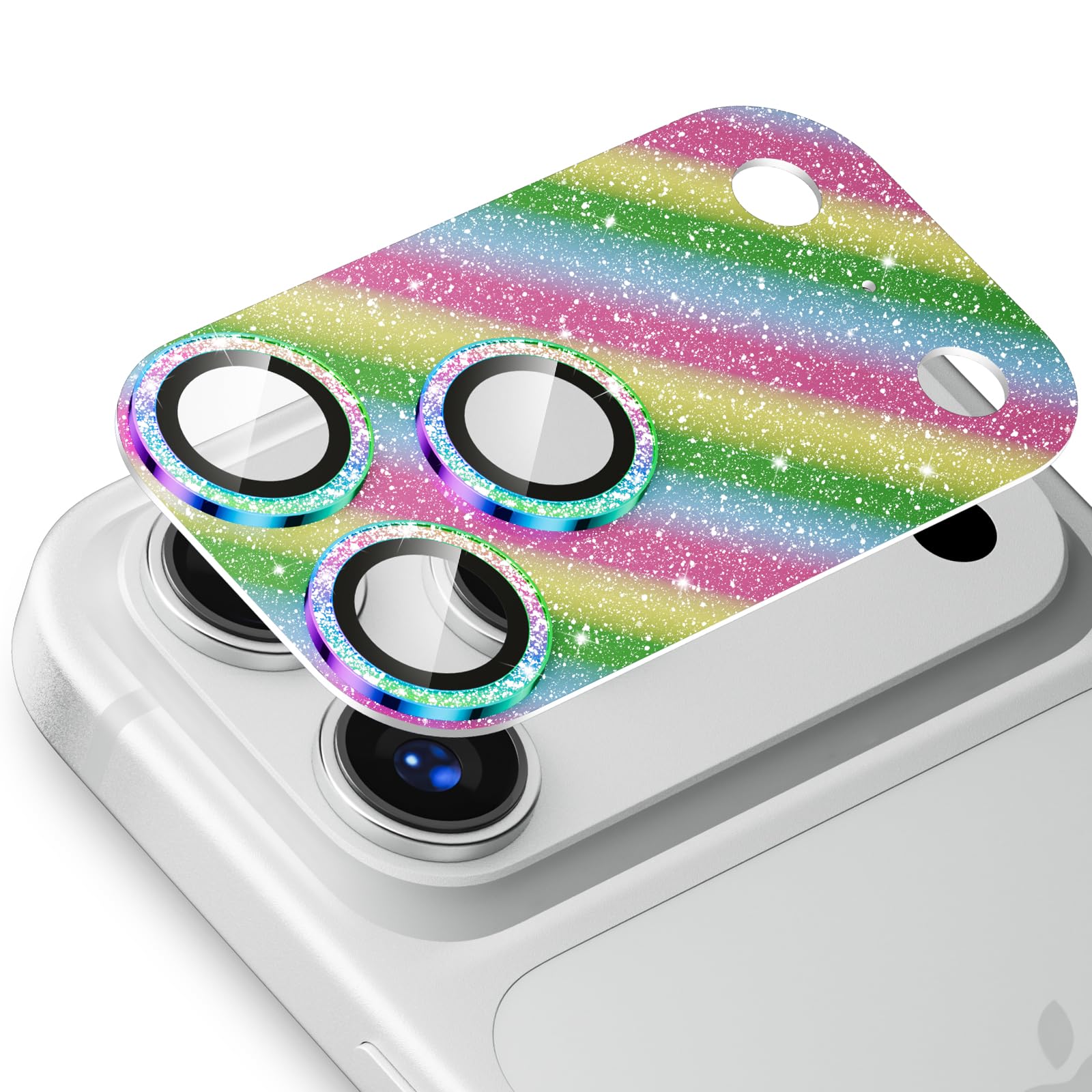 Podick カメラカバー iPhone17 Pro Max用 カメラフィルム キラキラ 9H強化ガラス アルミ合金 耐衝撃 いphone17pro max カメラ保護 高透過率 キズ防止 露出オーバー防止 一体化 全面保護 気泡ゼロ 指紋防止 貼り付け簡単 アイフォン17プロマックス 対応 レンズプロテクター(17ProMax,カラフル)