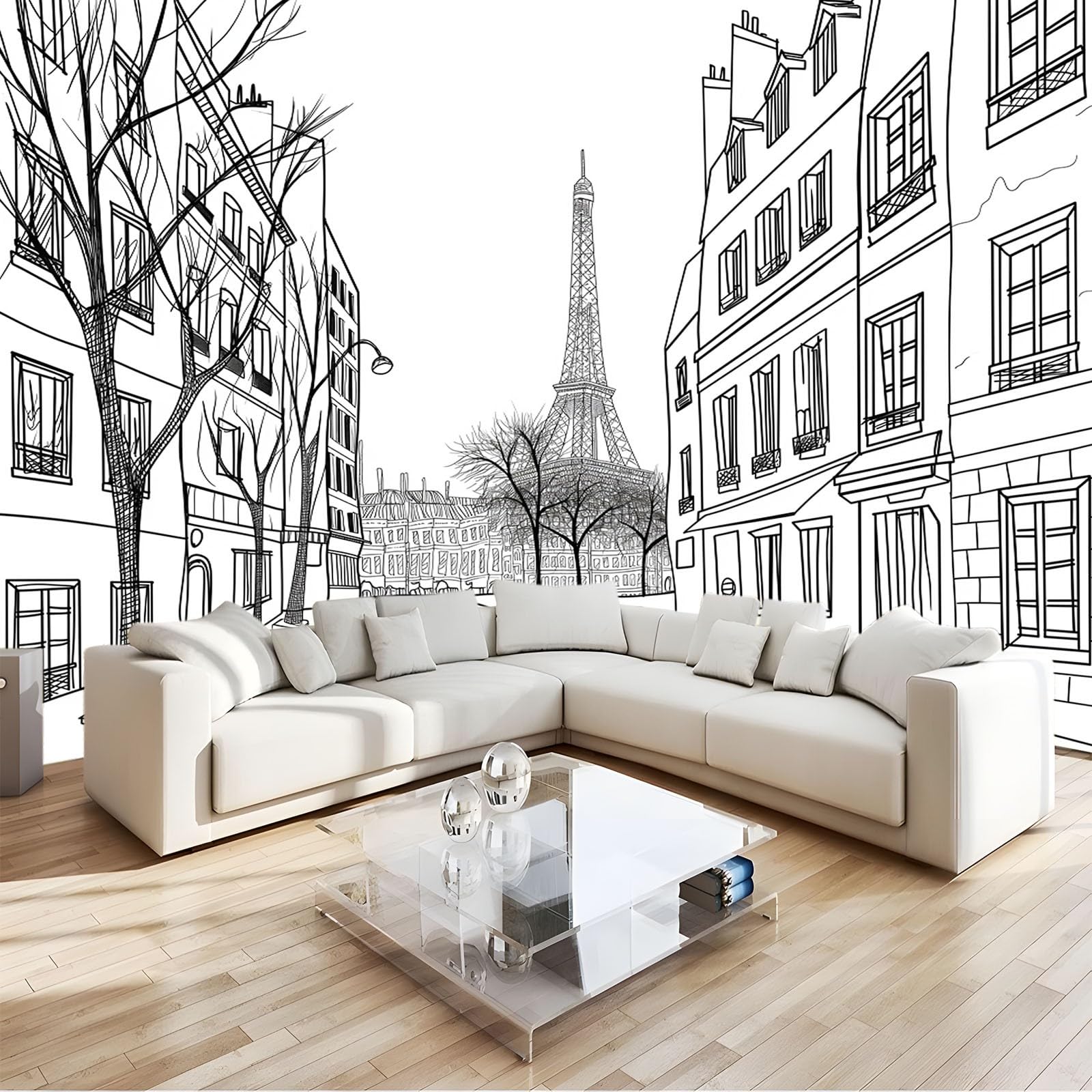 Tapete 3D Fototapete Handgezeichnete Pariser Straßen 350x256 cm Vliestapete Wandtapete Wandbilder 3D Druck Foto Tapeten für Wohnzimmer Schlafzimmer Vlies Tapete Motivtapeten