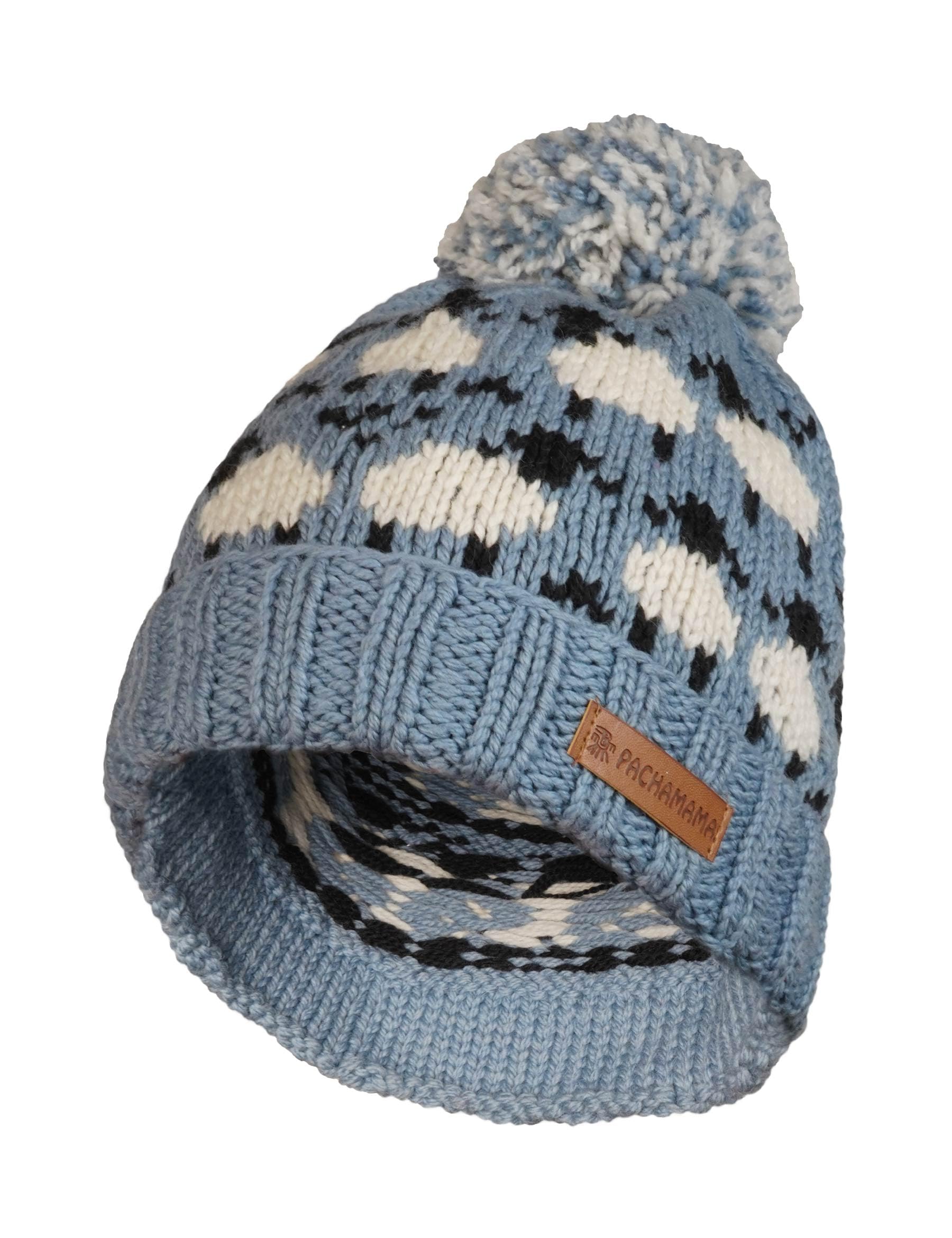 Pachamama Women's Blue 100% Pure Fine Merino Wool Beanie Bobble Hat Handknitted Sheep Flock Design One-Size Handmade Soft Warm Breathable Moisture Wicking Fair Trade (Uk, Alpha, One Size, )