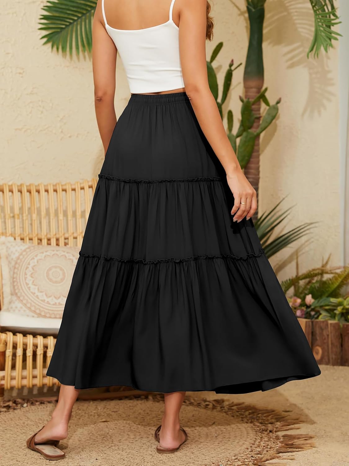 Timuspo Maxirok voor dames, lang, elegant, boho, casual, midi-rok, A-lijn, effen, zomerrok, rok met zakken, elastische hoge taille, strandrok, vrijetijdsrok, Boho-donkerblauw, XL