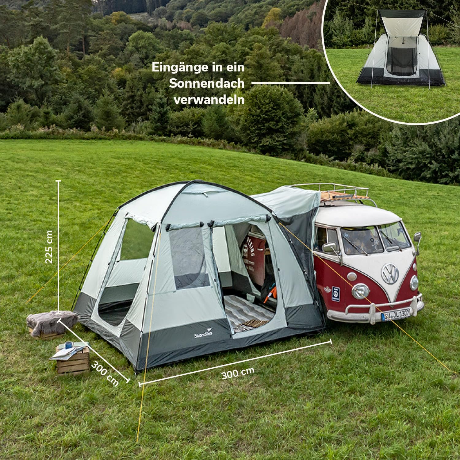 Skandika Busvorzelt Pitea Van Protect | 4 Personen, freistehend, eingenähter Zeltboden, 2,2 m Stehhöhe, große Fenster, wasserfest, 3000 mm Wassersäule, Moskitonetze, 3 x 3 m, Kuppelzelt für Bus, Caddy