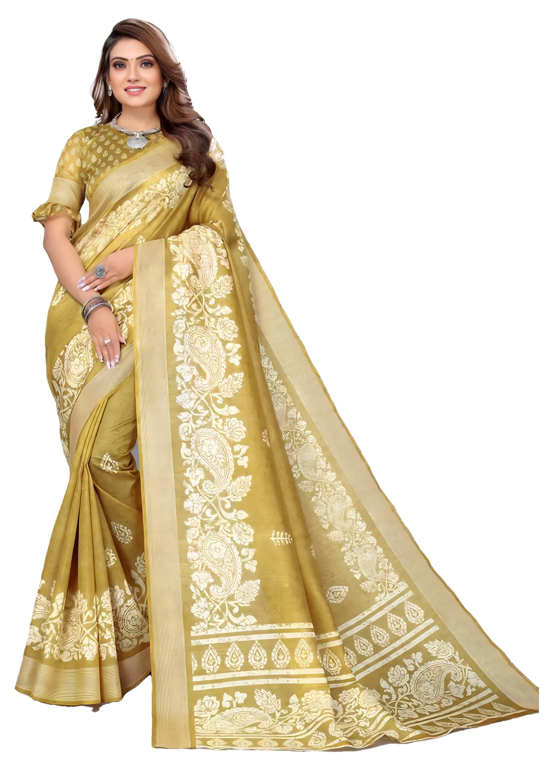 ETHNICMODEWomen Soft Light Weight Art Silk Gold Saree With Blouse Piece (Sari) 180