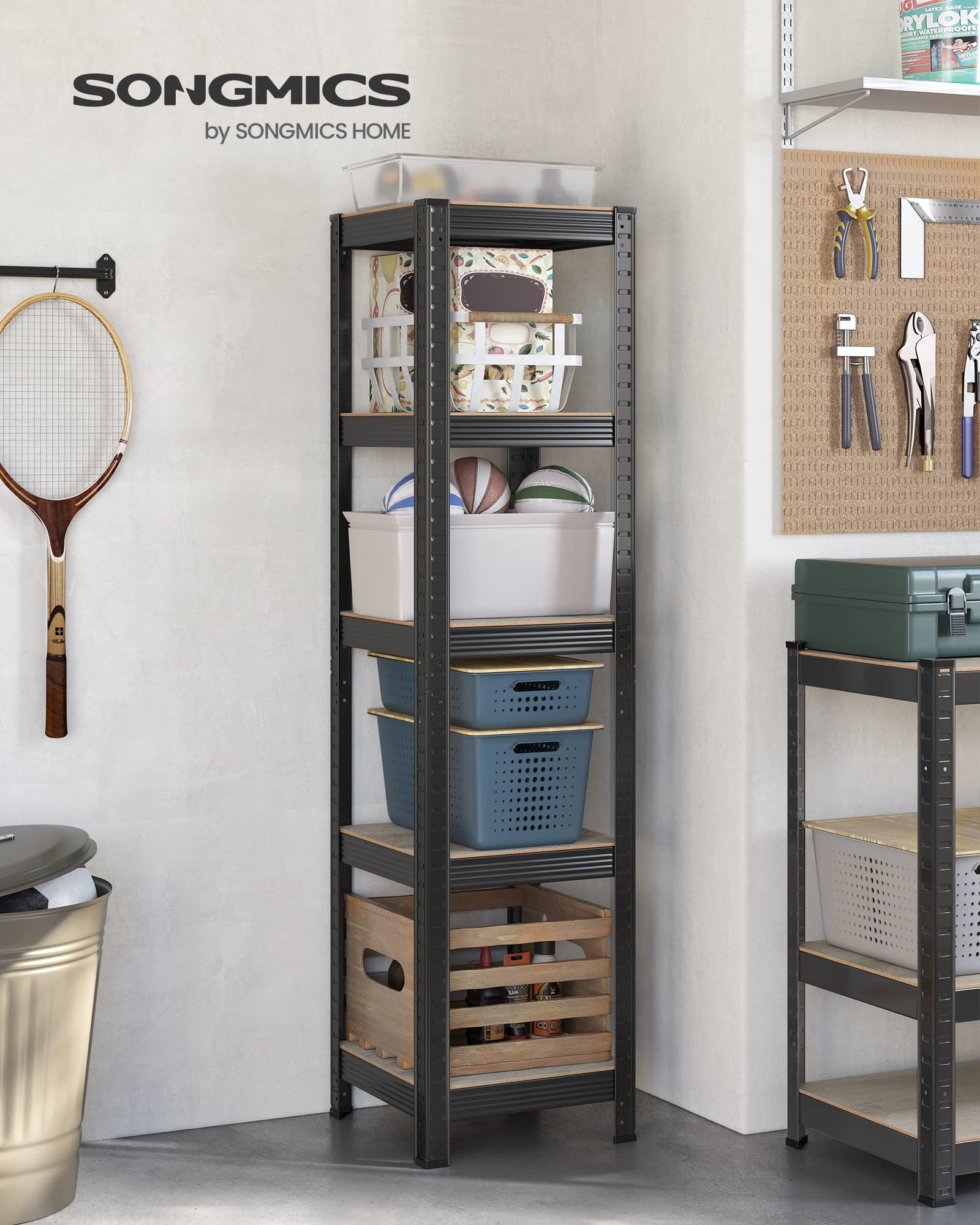 SONGMICS Scaffale a 5 Ripiani, Portaoggetti Organizzatore 37 x 37 x 150 cm, Portante 400 kg, Ripiani Regolabili, Stile Naturale, per Cucina e Soggiorno, Greige e Nero GLR037B11