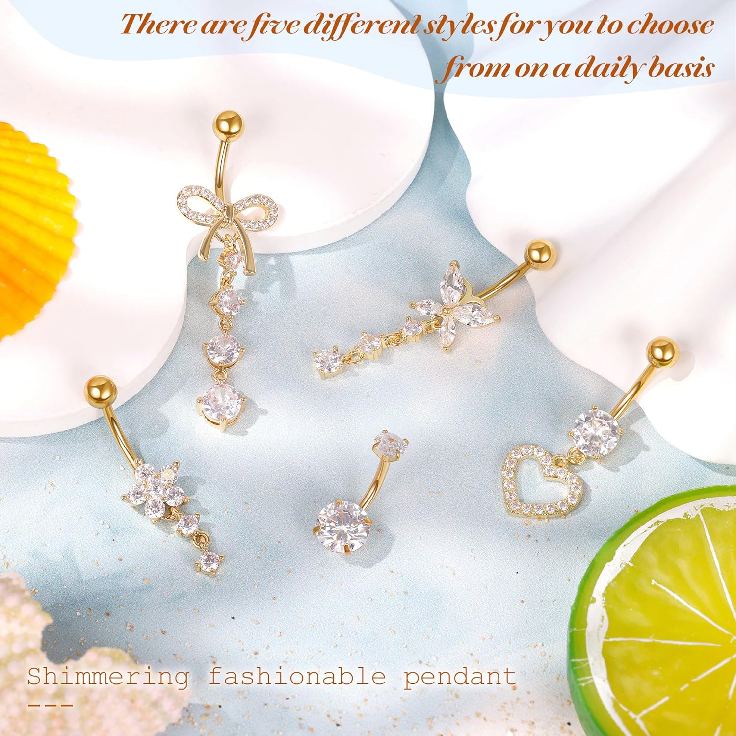 REVOLIA 5Pcs 14G 316L Stainless Steel Dangle Belly Button Rings Heart Flower Dangling Navel Ring Cute Bow Butterfly Belly Ring Sparkling CZ Belly Piercing Jewelry 10MM - Image 3