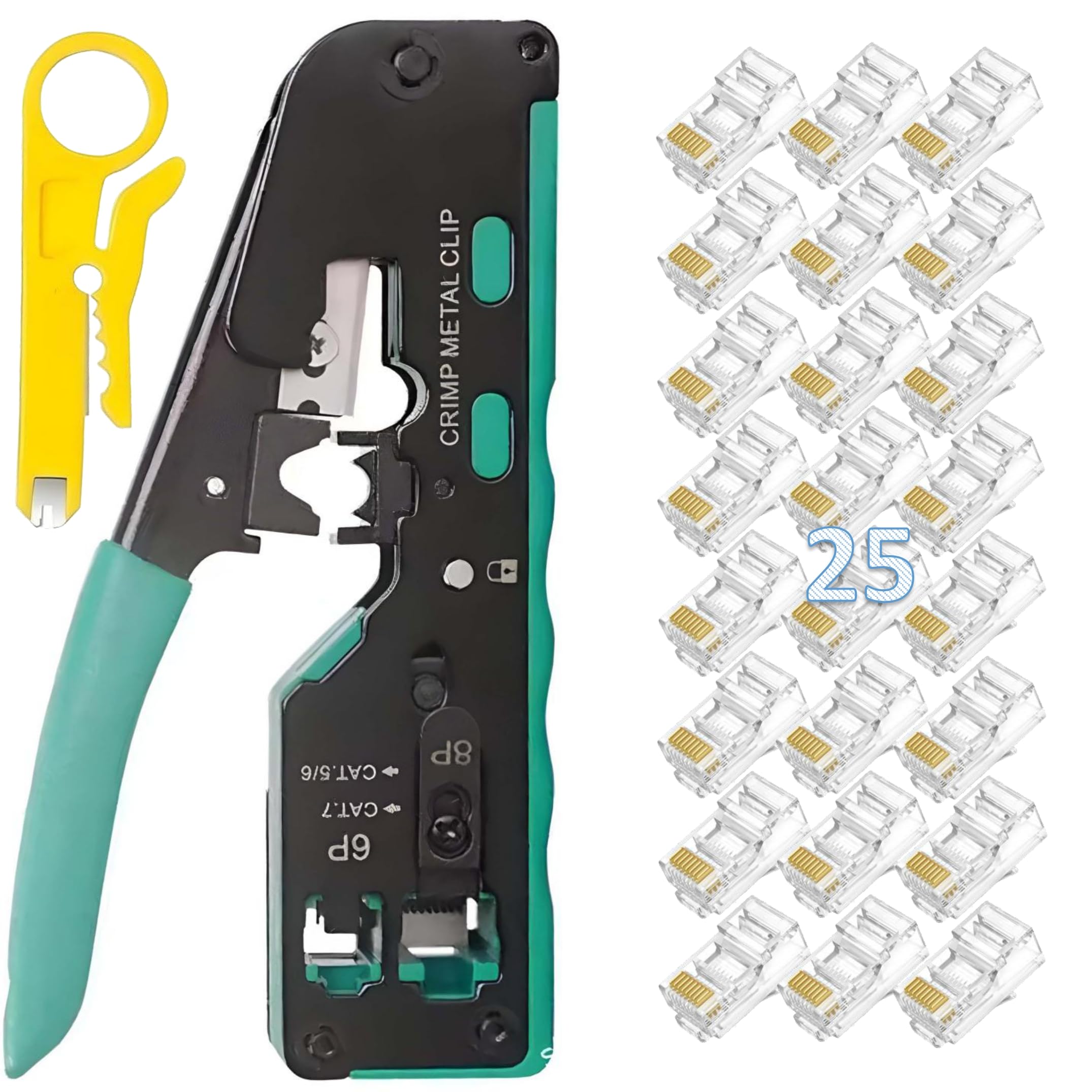 CP-Tech Pass Through RJ45 Crimping tool kit Compatible With 25 Connectors Cat5 Cat5e Cat6 Cat6A Cat7 lan network cable and RJ11 RJ12 STP/UTP. (Combo-2)-image-46