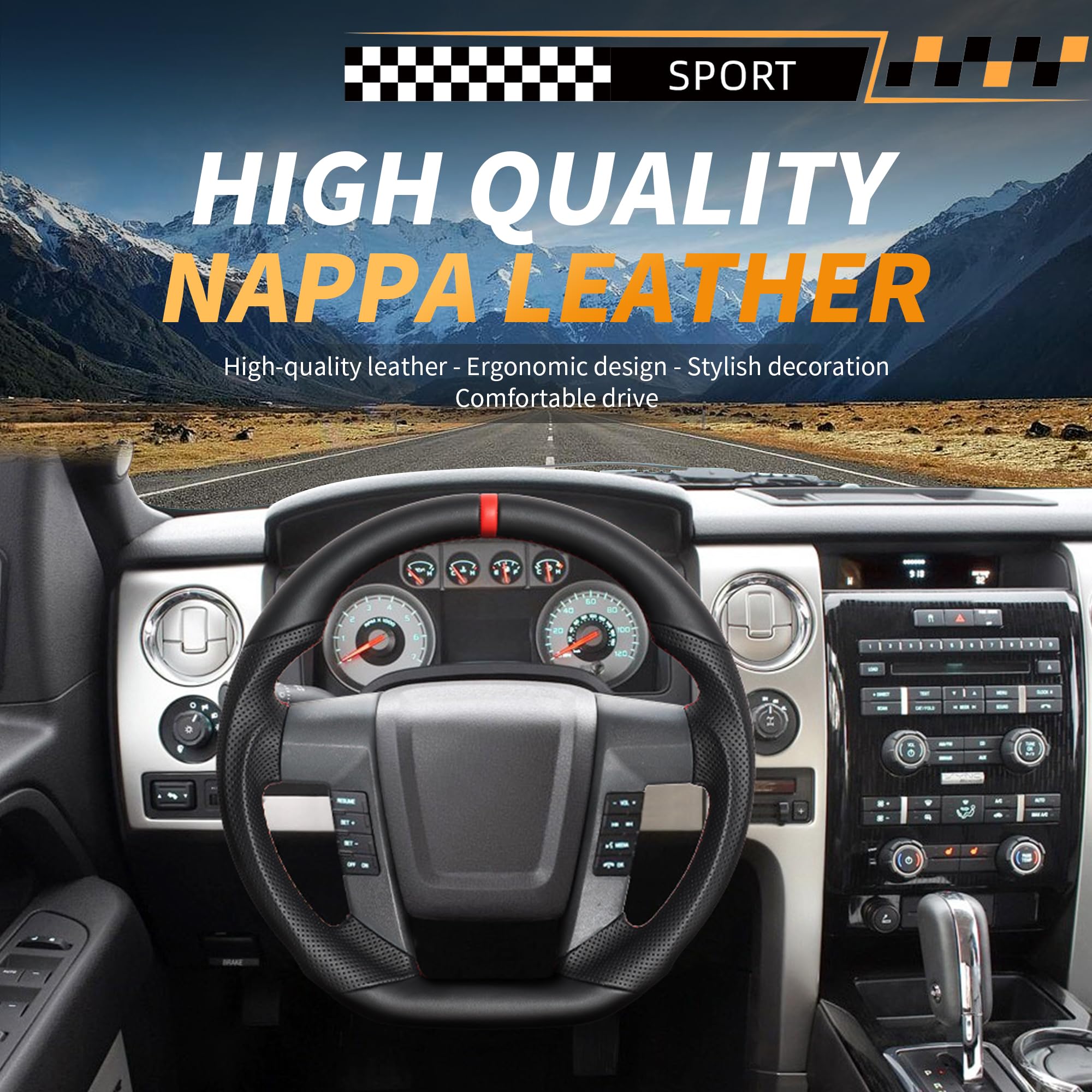Black Full Leather Steering Wheel Full Leather Porous Design D-shaped Replacement Steering Wheel for 09-14 Ford F150