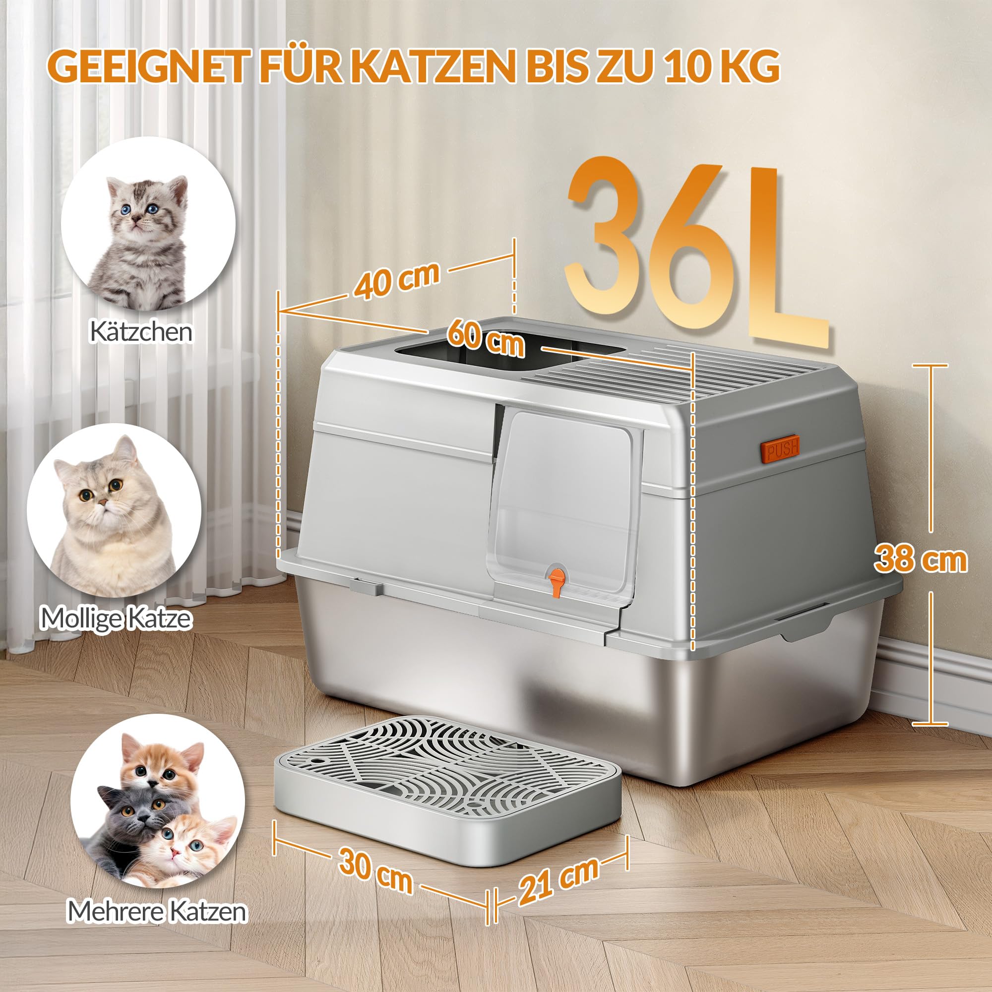 Edelstahl Katzenklo, XXL Geschlossene Katzentoilette, Hellgrau | Katzentoilette mit Deckel, Inklusive Trittstufe und Schaufel, Leicht zu Reinigen, Zwei Eingänge, Herausnehmbar FPLB204SG1