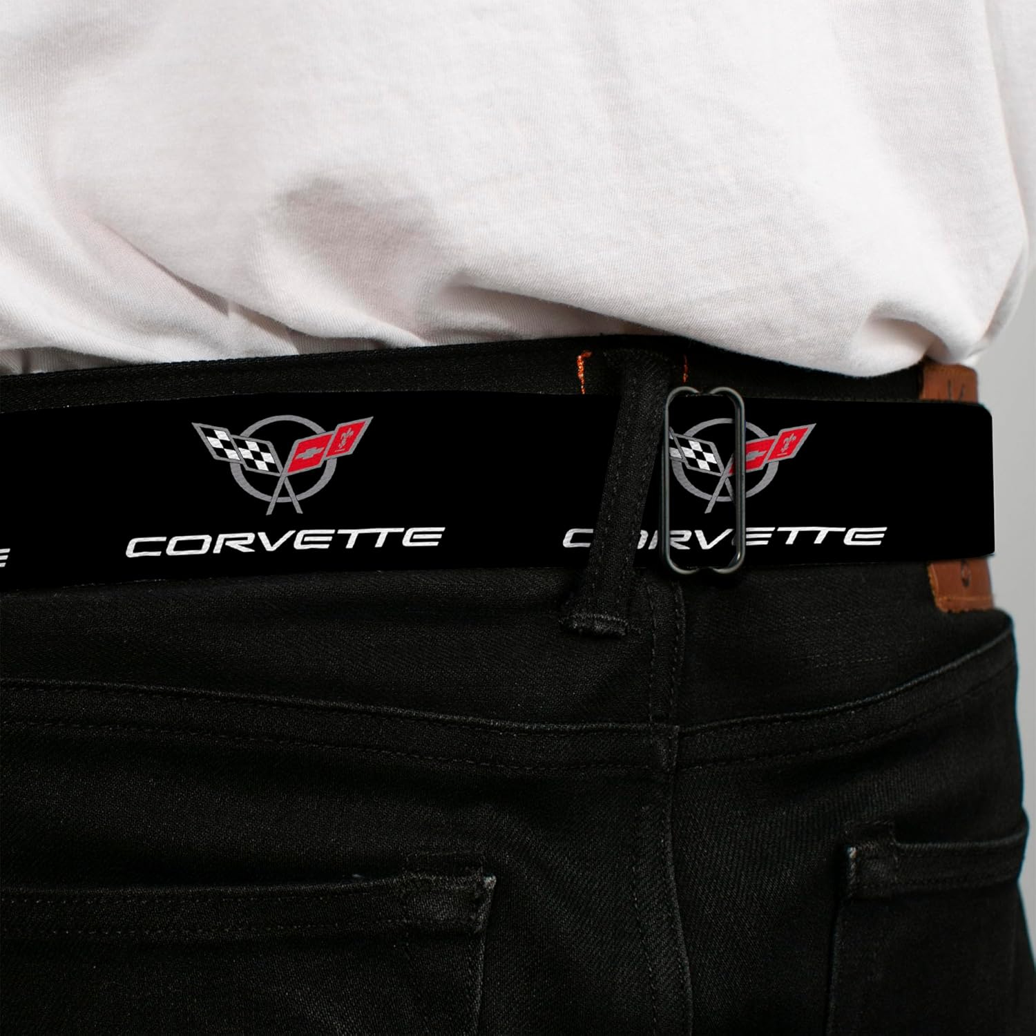Buckle-Down Seatbelt Belt - CORVETTE C5 Logo Black/Gray/White/Red Repeat