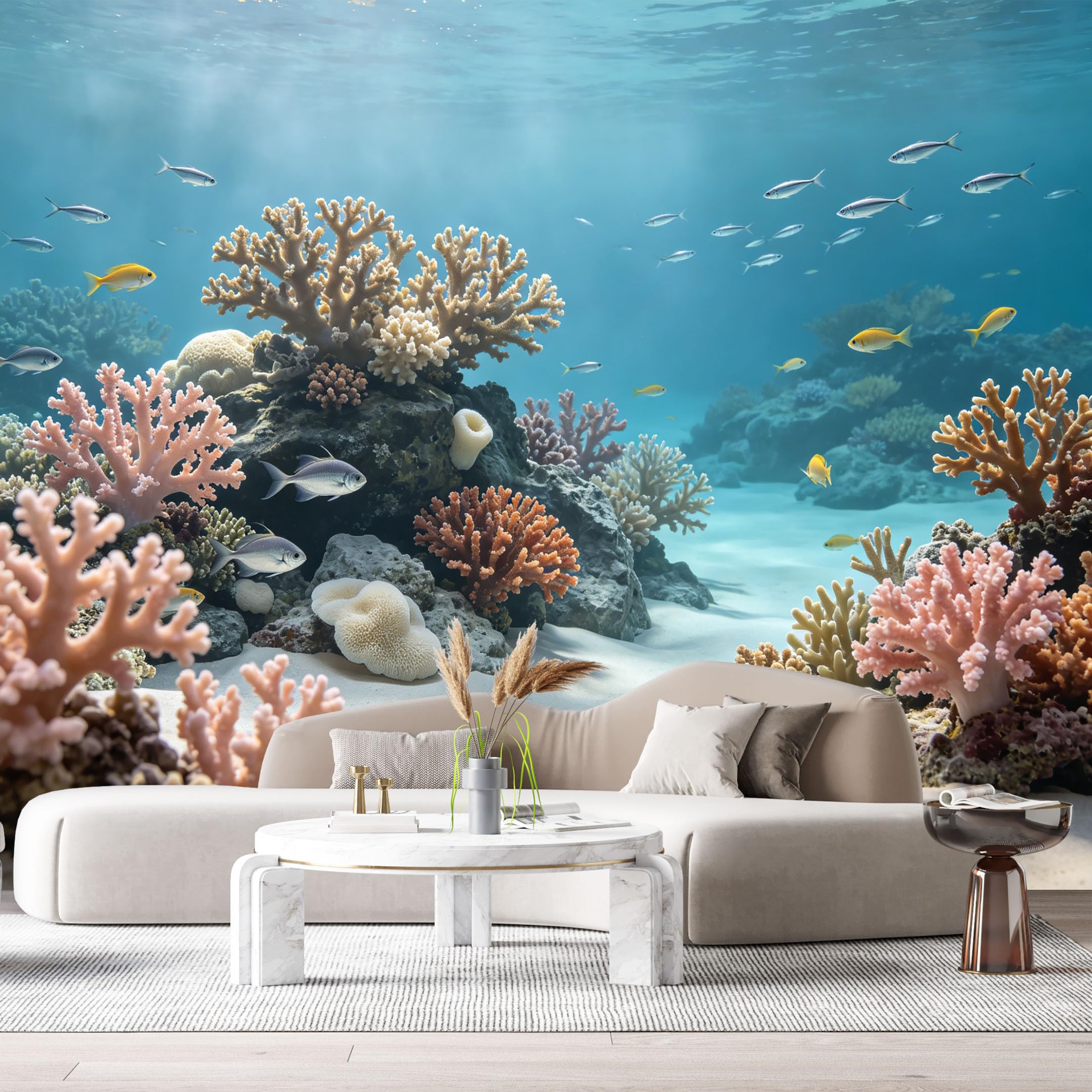 Custom Size Wall Murals Ocean Marine Tropical Coral Reef Vibrant Fish Underwater Scene SelfAdhesiveWall Fabric Removable Wallpaper Wall Decor for Living Room Bedroom Bathroom