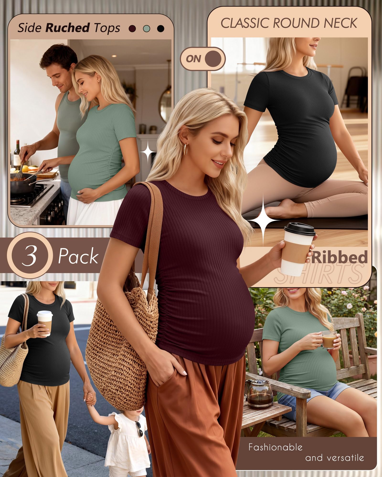 Ficerd 3er Pack Damen Umstandstops Baumwolle Kurzarm Schwangerschaftsshirts Rippstrick Freizeit Mama T-Shirts