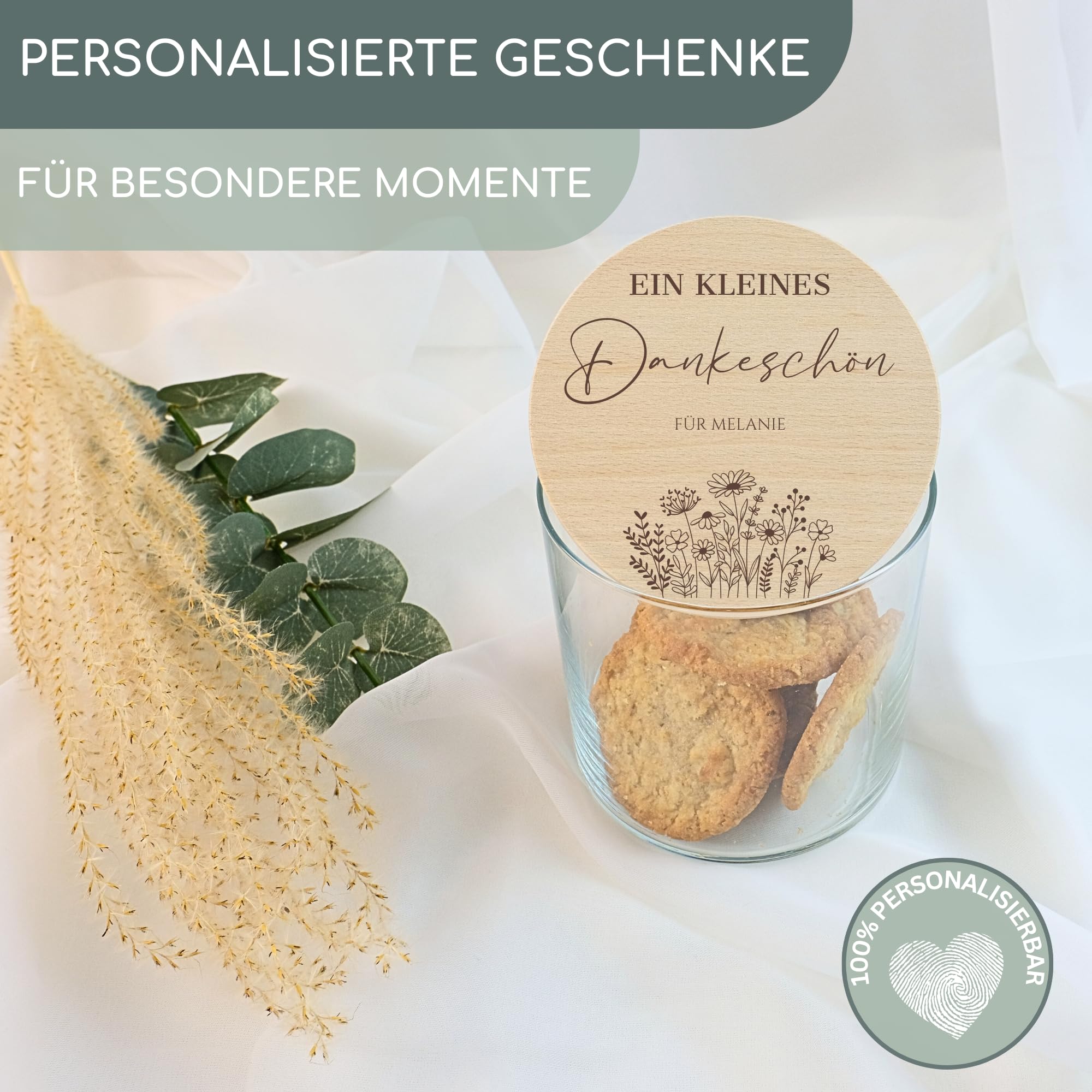 Vorratsgläser mit Deckel personalisiert mit Gravur, kleine Geschenke, Keksdose personalisiert, Dankeschön Geschenke, Holzdeckel mit Gravur, Personalisierte Geschenke, Danke Geschenk (Design 6, 530ml)