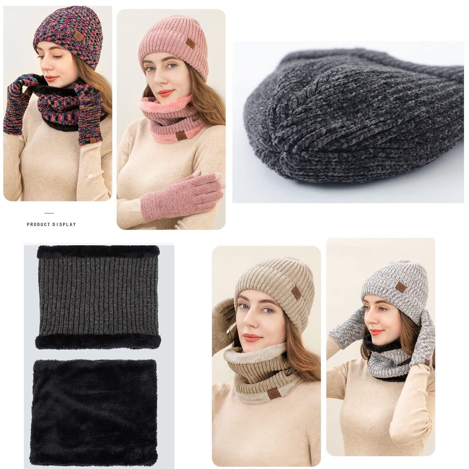 Ensemble Bonnet et écharpe d'hiver Chapeau chaud, écharpe, gants écran tactile extérieur épaissi 3 pièces ensemble Bonnet en Tricot Chaud