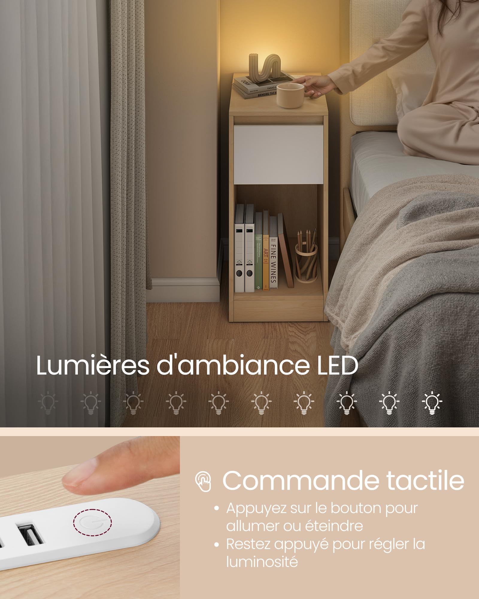 VASAGLE Kailyn Collection - Lot de 2, Table de Chevet, Table d’Appoint, avec Éclairage, 1 Port USB-A, 1 Port USB-C, Tiroirs et Compartiments Ouverts, Chambre, Jaune Amande et Blanc Nuage LET710Y01