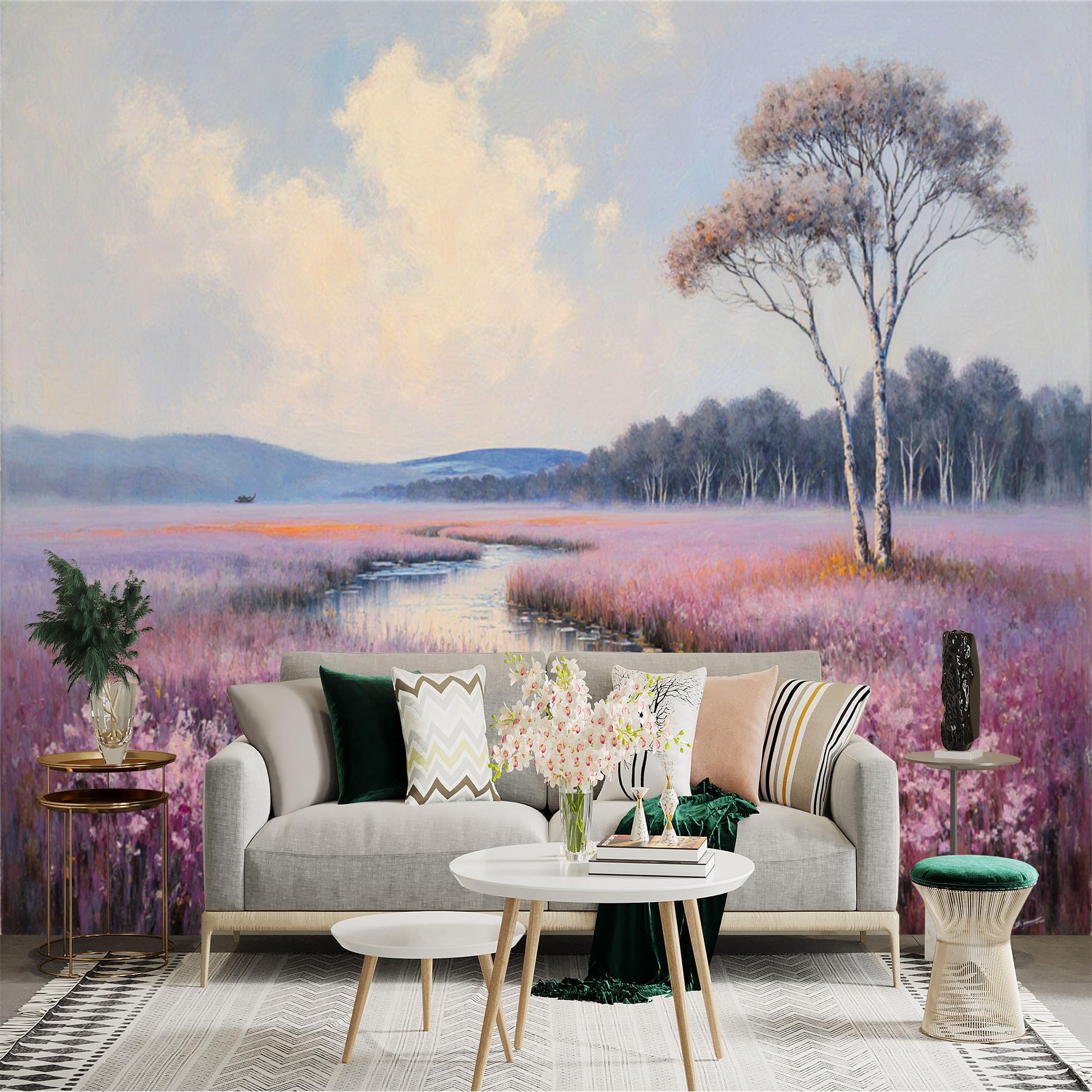 Lnzczhyre Xc260505675 Custom Size Wall Sticker Mural， Lavender Meadow Landscape， Serene River Scenery， Purple Floral Field， Artistic Impressionist Nature View， For Wall Decoration， Peelandstick Wall Decals.