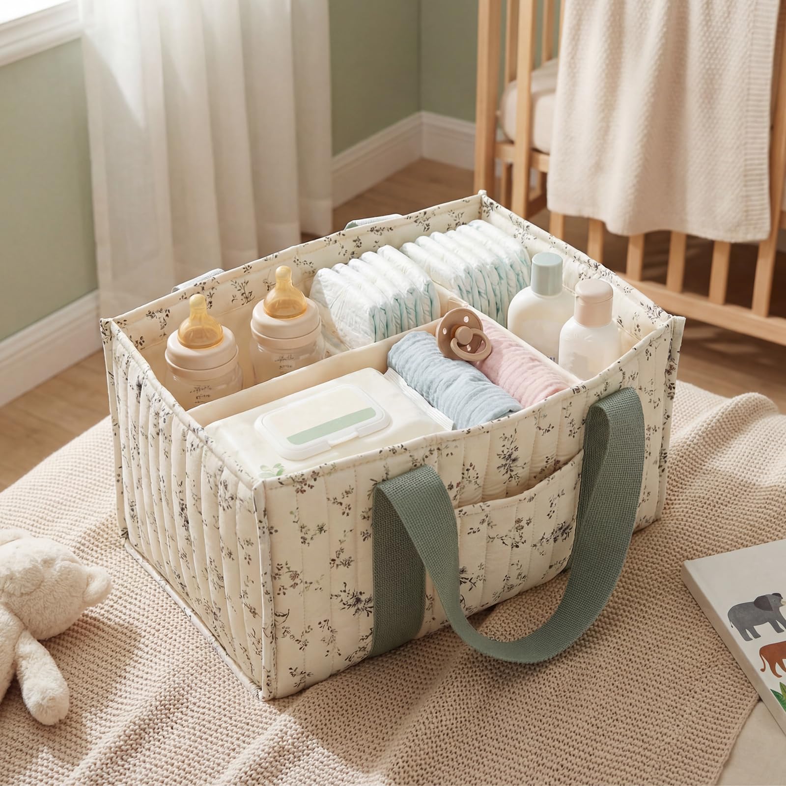 QINGLANG Baby Nappy Caddy Organiser Portable Nursery Storage Basket with Removable Dividers Foldable Diaper Tote Bag for Changing Table & Car Travel Newborn Essentials