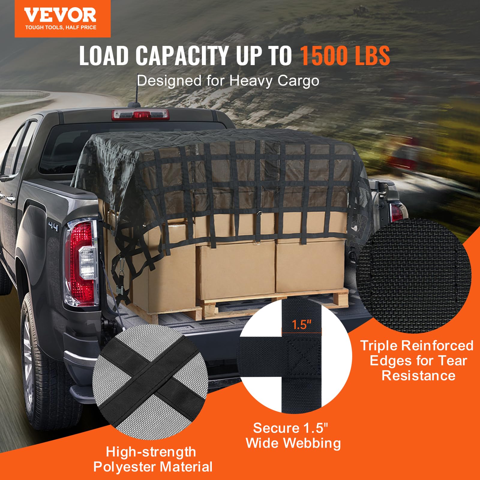 VEVOR Frachtnetz, 3020 x 2670 mm, LKW-Ladeflächennetz, 4 verstellbare Gurte mit Karabinern & S-Haken, Transportnetz verschleißfest & wetterfest, Gepäcknetz geeignet für Pickup, LKW, Jeep, SUV, Boot