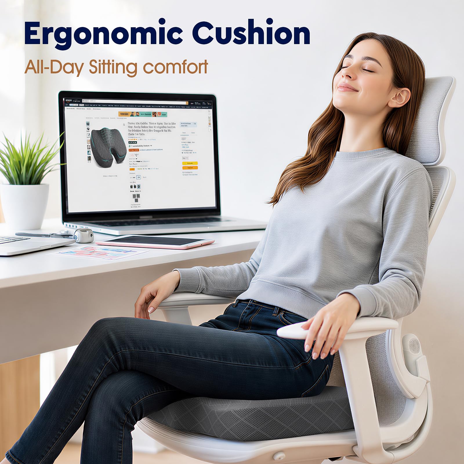 TushGuard Seat Cushion - Memory Foam Cushion for Office Chair, Car Seat, Airplane, Bleacher - Sciatica & Hip & Coccyx Pain Relief Desk Chair Cushion for Long Sitting Office Workers, Car Drivers