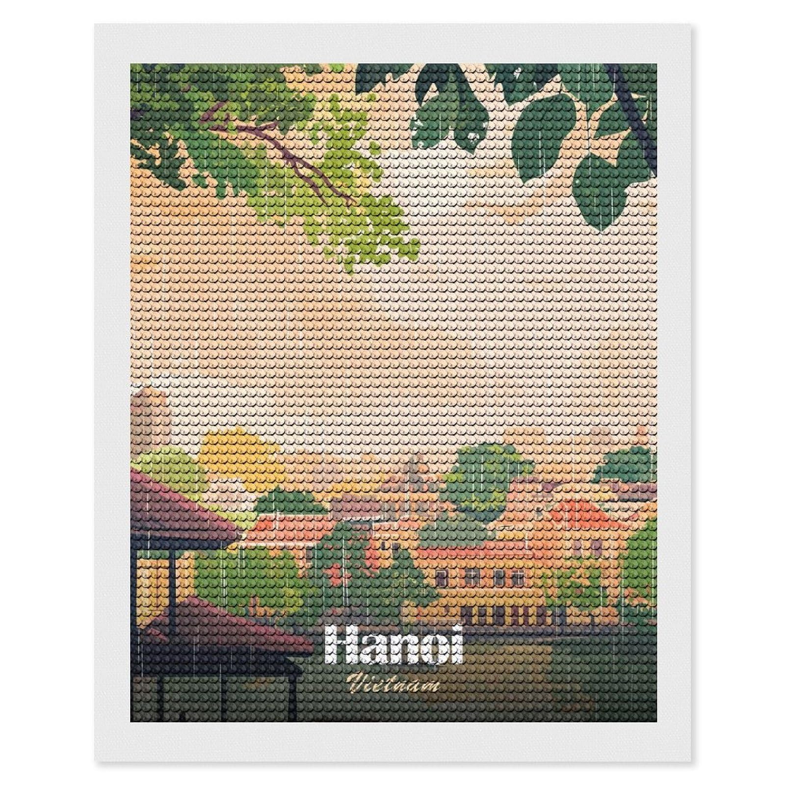 Junmoney Hanoi, Vietnam in The Rain Round Drill Diamond Painting 16"x20", for Women, Relaxing DIY Hobby, Bedroom Decor, Christmas Gift, Adhesive Canvas
