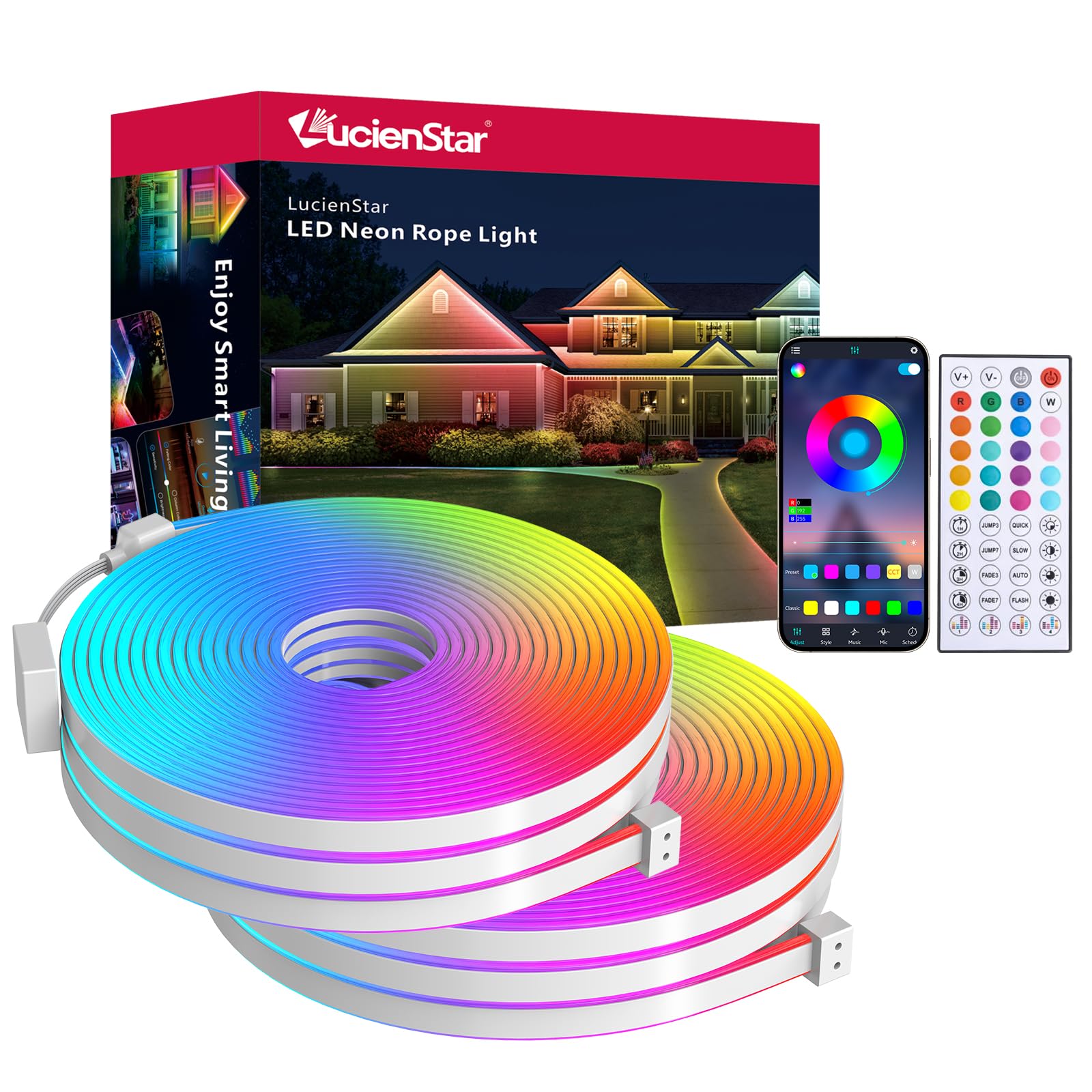 Striscia LED neon RGB da 20 m, 24 V IP65 con telecomando/APP, sincronizzazione musicale, modalità multiple, nastro LED flessibile per decorazioni esterne della camera da letto(10 m x 2)