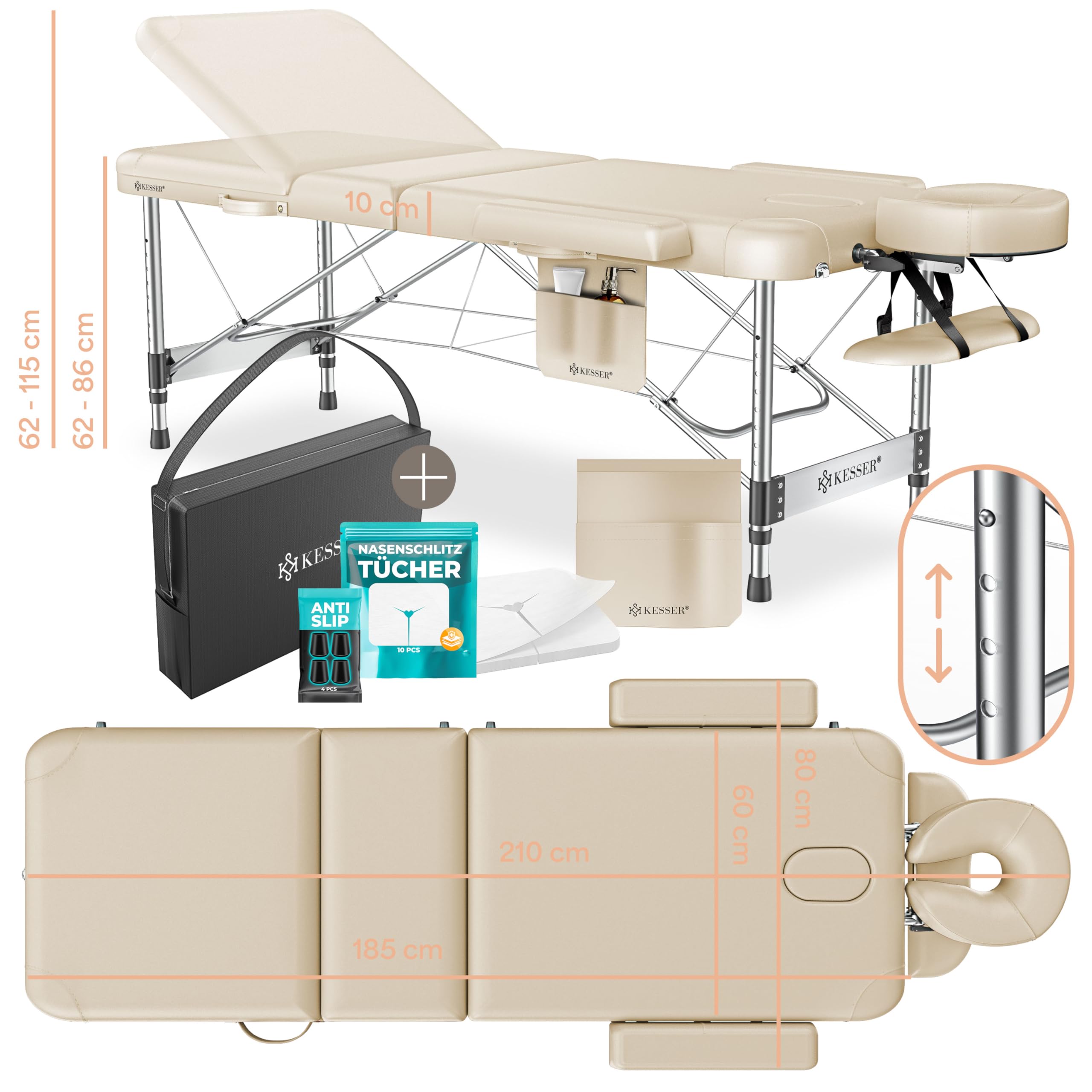 KESSER® Camilla de Masaje Móvil Plegable y Ajustable en Altura Cama 3 Zonas Estética Amplia de Terapia Aluminio + 10x Reposacabezas