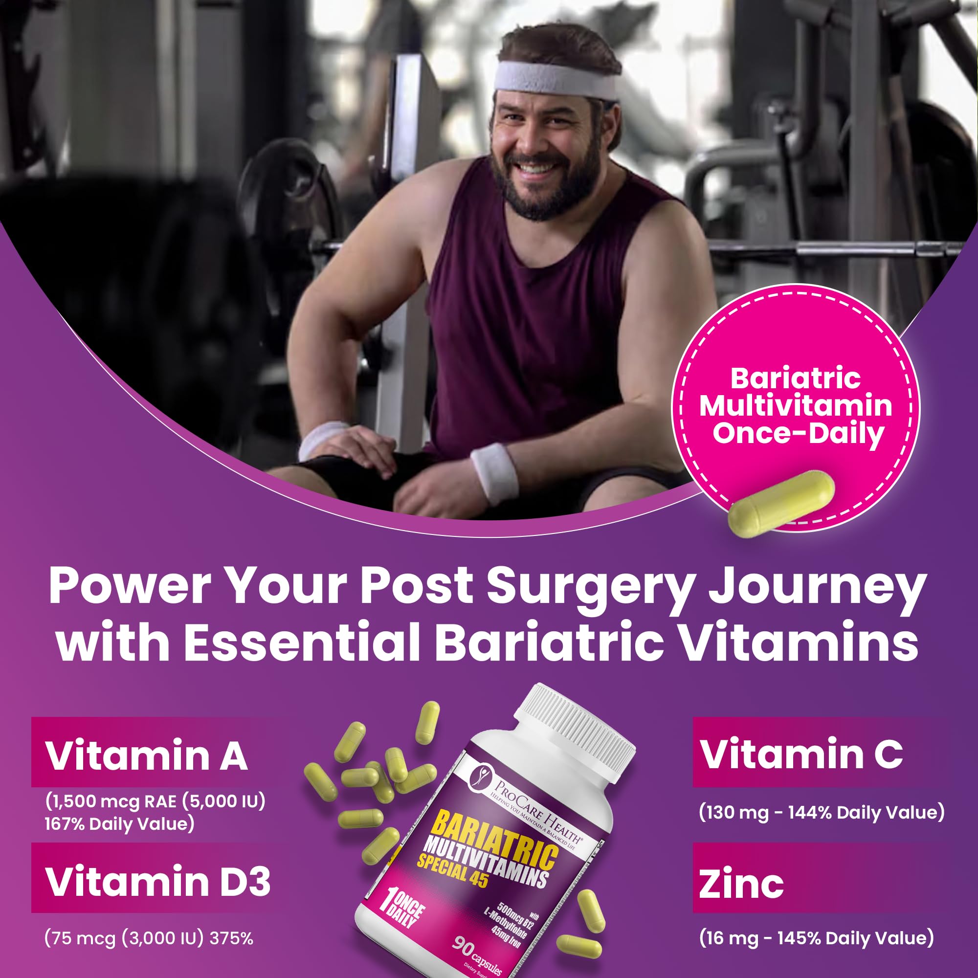 ProCare Health Bariatric Multivitamin with Iron 45mg (90 Capsules) with Reduced B12 - Post-Op Bariatric Vitamins for Gastric Bypass, Sleeve, Duodenal Switch, Sustain Recovery & Energy (3 Month Supply)