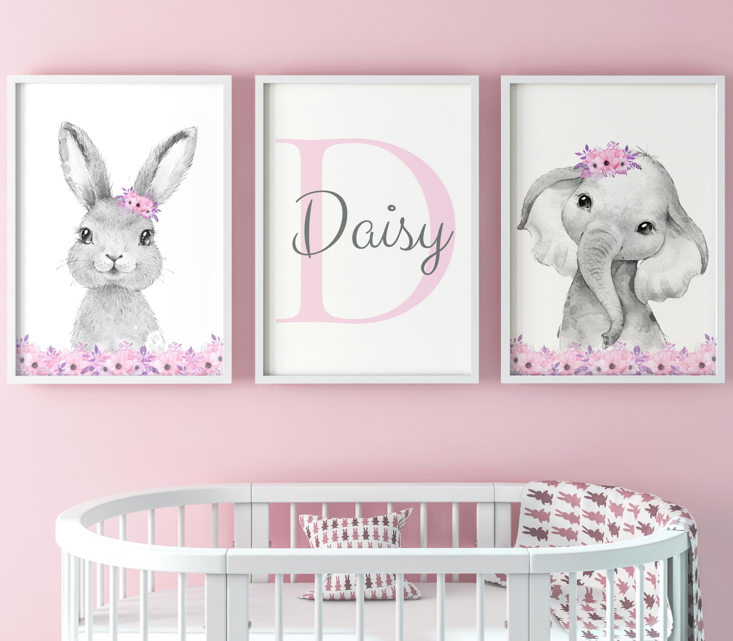 Cute Floral Bunny and Elephant Set of 3 Unframed Poster Prints for Baby Girl Nursery Bedroom Playroom, Safari Theme Decor, Personalize Name in Pink or