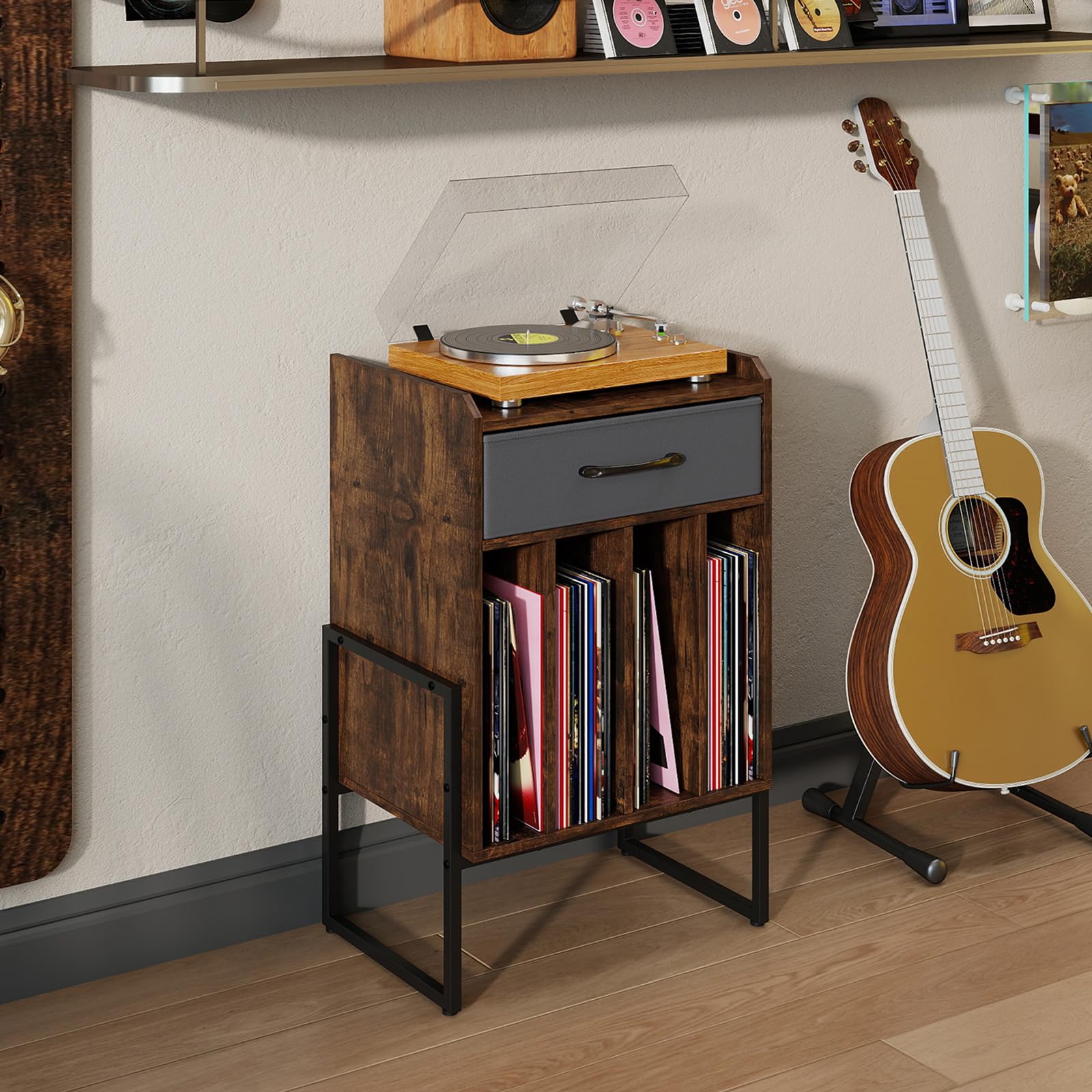 KOMFOTTEU Mobile Porta Giradischi, Supporto per Vinili con Cassetto Pieghevole in Tessuto, 4 Scomparti per fino a 160 Album, Scaffale per Dischi in Legno per Soggiorno, Ufficio, Sala Musicale, Marrone