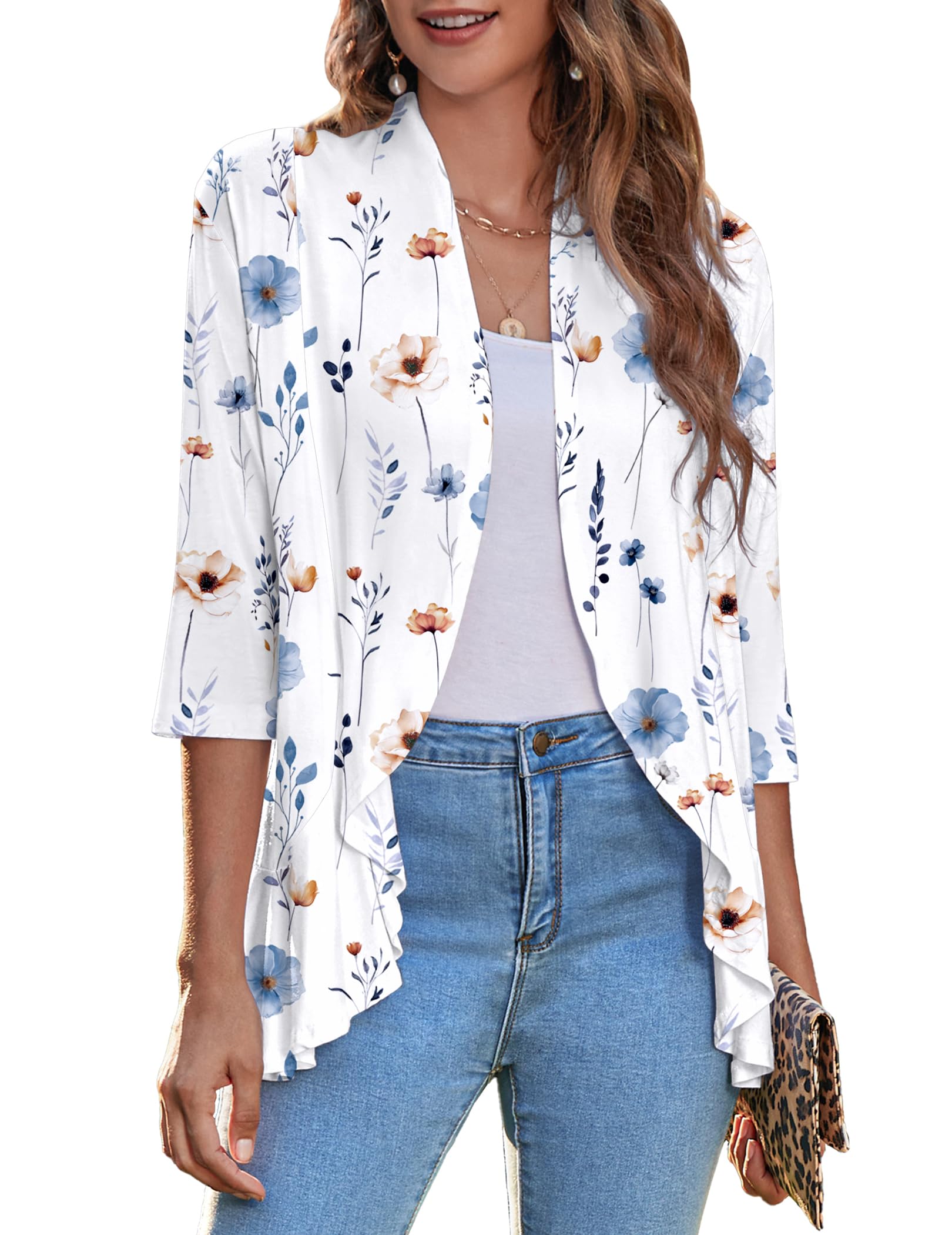Zeagoo Women's Open Front Cardigan 2026 Spring Summer Lightweight 3/4 Sleeve Draped Ruffles Cardigans S-3XL