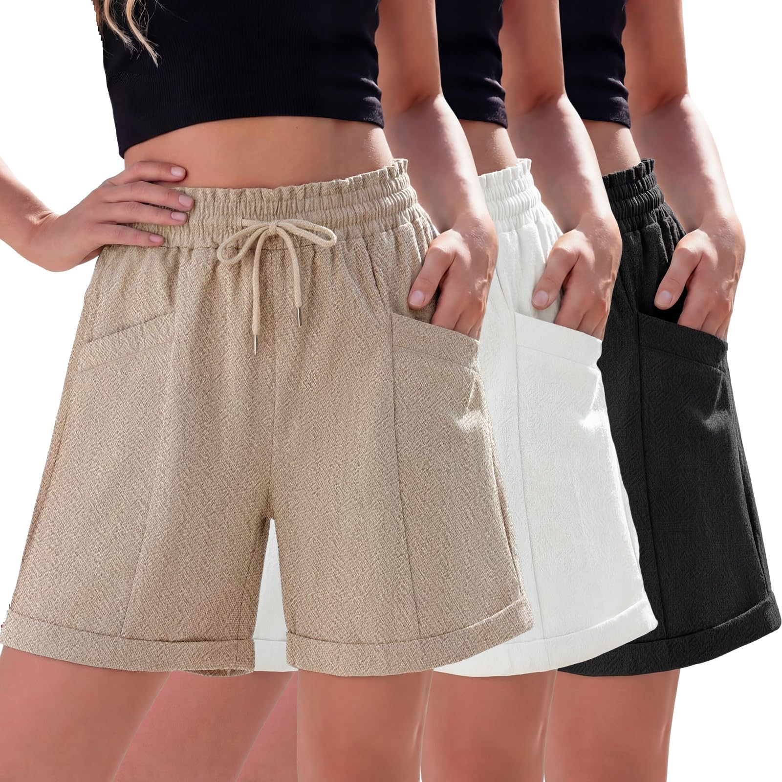Photo 1 of ***MISSING BLACK SHORTS*** Cuffbow 3 Pack Womens Linen Shorts Elastic Waist Casual Bermuda Shorts Lightweight Loose High Summer Short 6" with Pockets(White,Khaki,Black,X-Large)