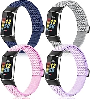 BNBIDEN 4 Pack Elastic Bands Compatible with Fitbit Charge 5 Wristbands Fitness Smart Watch, Soft Loop Nylon Adjustable Breathable Stretchy Replacement Straps for Fitbit Charge 5 Bands Women Men