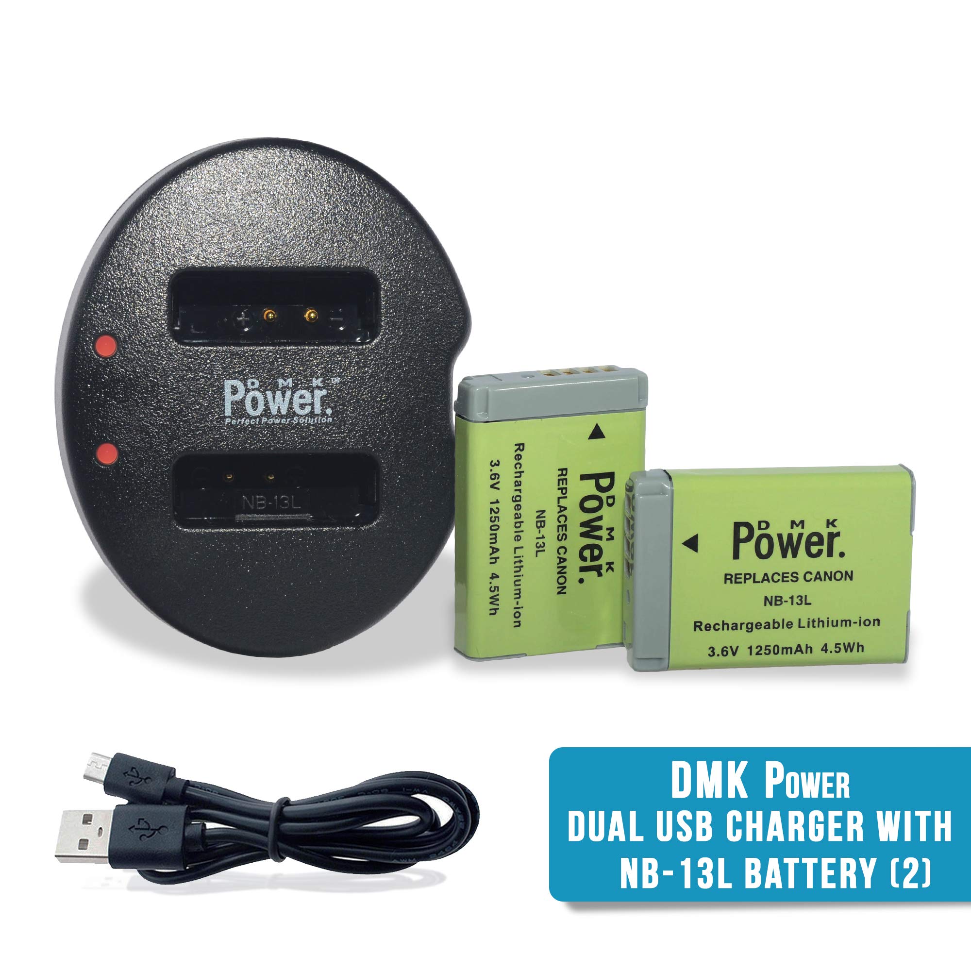 DMK Power 2-Pack of NB-13L Batteries and USB Dual Battery Charger Compatible with Canon PowerShot SX740 HS G1 X Mark III G5 X G7 X G7 X Mark II G9 X G9 X Mark II SX620 SX720 Digital Cameras
