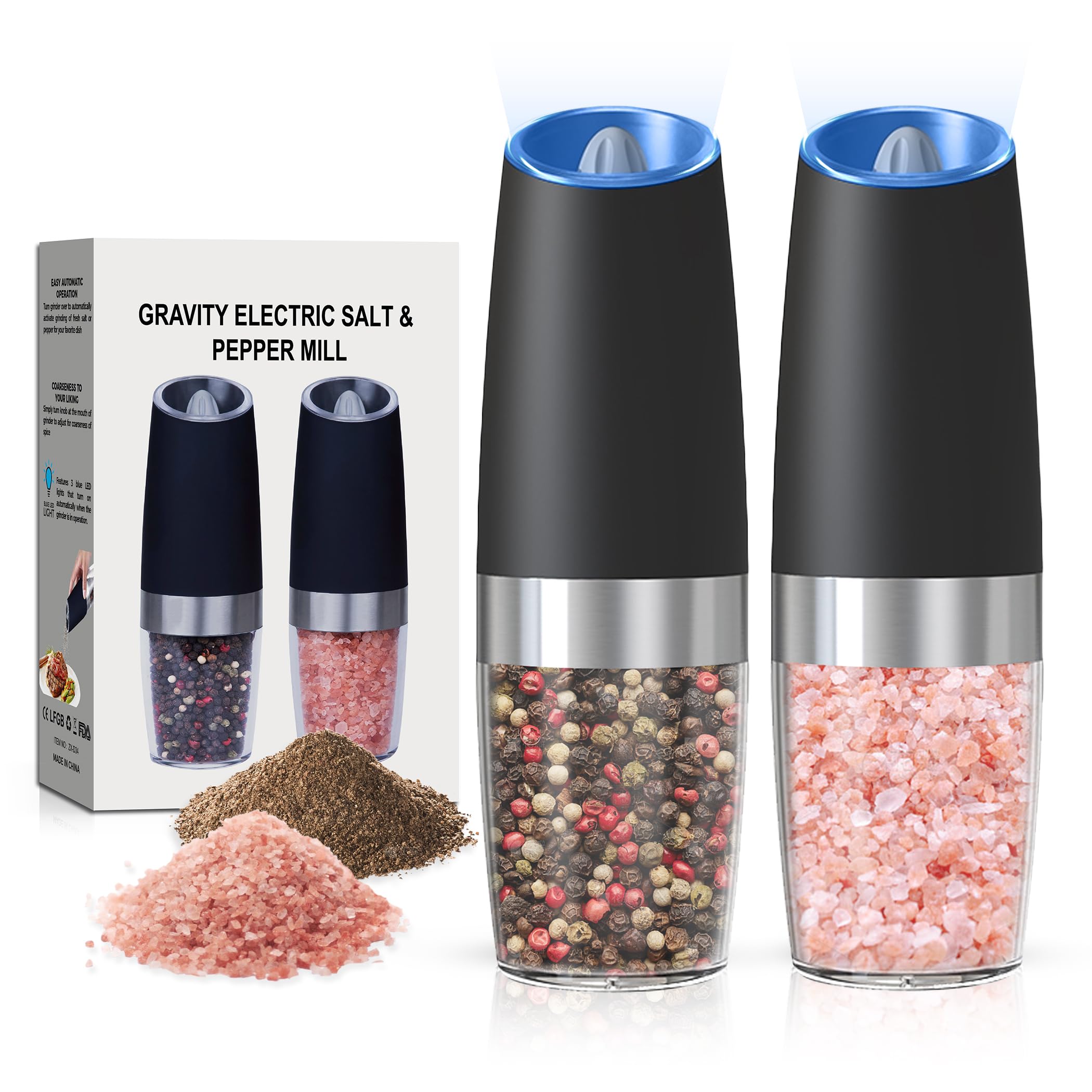 battery operated salt and pepper grinder set with led light automatic electric gravity salt and pepper shakers set each 6 aaa batteries needed adjustable roughness 2 pack black