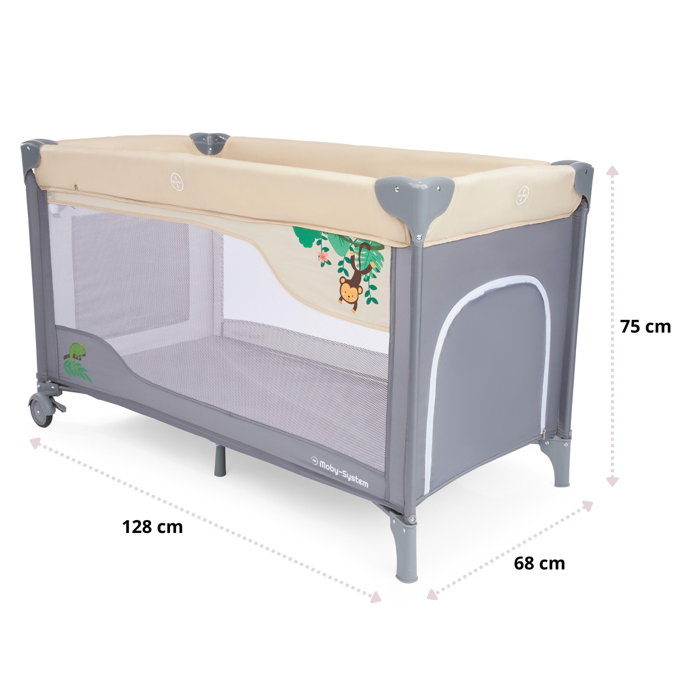 Moby-System 2 en 1 Parc Bébé & Lit Parapluie Pliable - 2 Niveaux de Matelas (0-6m/15kg, 6-36m/25kg) - Table à Langer, Moustiquaire, Toit, Roues & Sac Transport