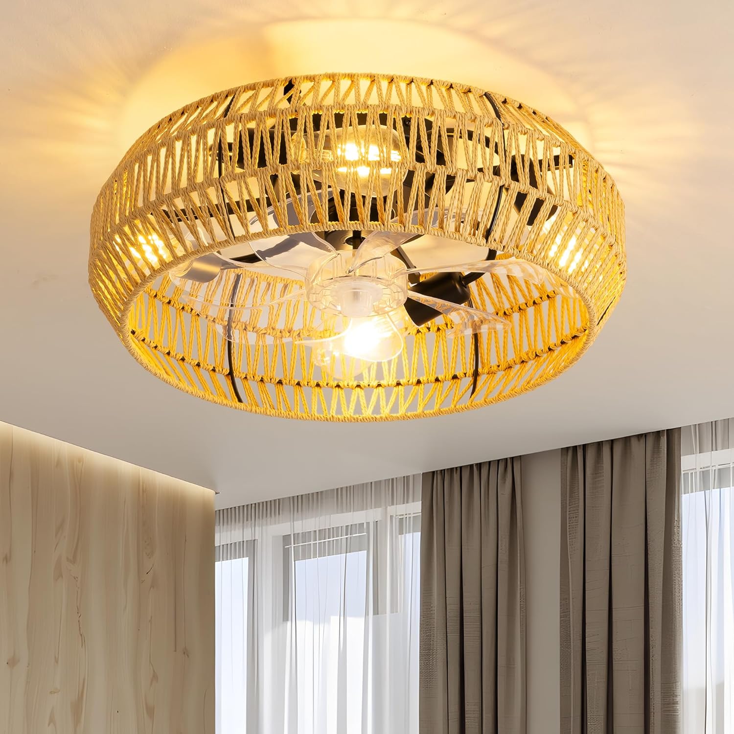 PUSU 19.7" Boho Cage Ceiling Fan, Retro Light Ceiling Fan with Lights Flush Mount, Low Profile Rattan Ceiling Fans with Lights and Remote Control, Enclosed 6 Speeds for Bedroom, Living Room, Kitchen Style A (19.7in)