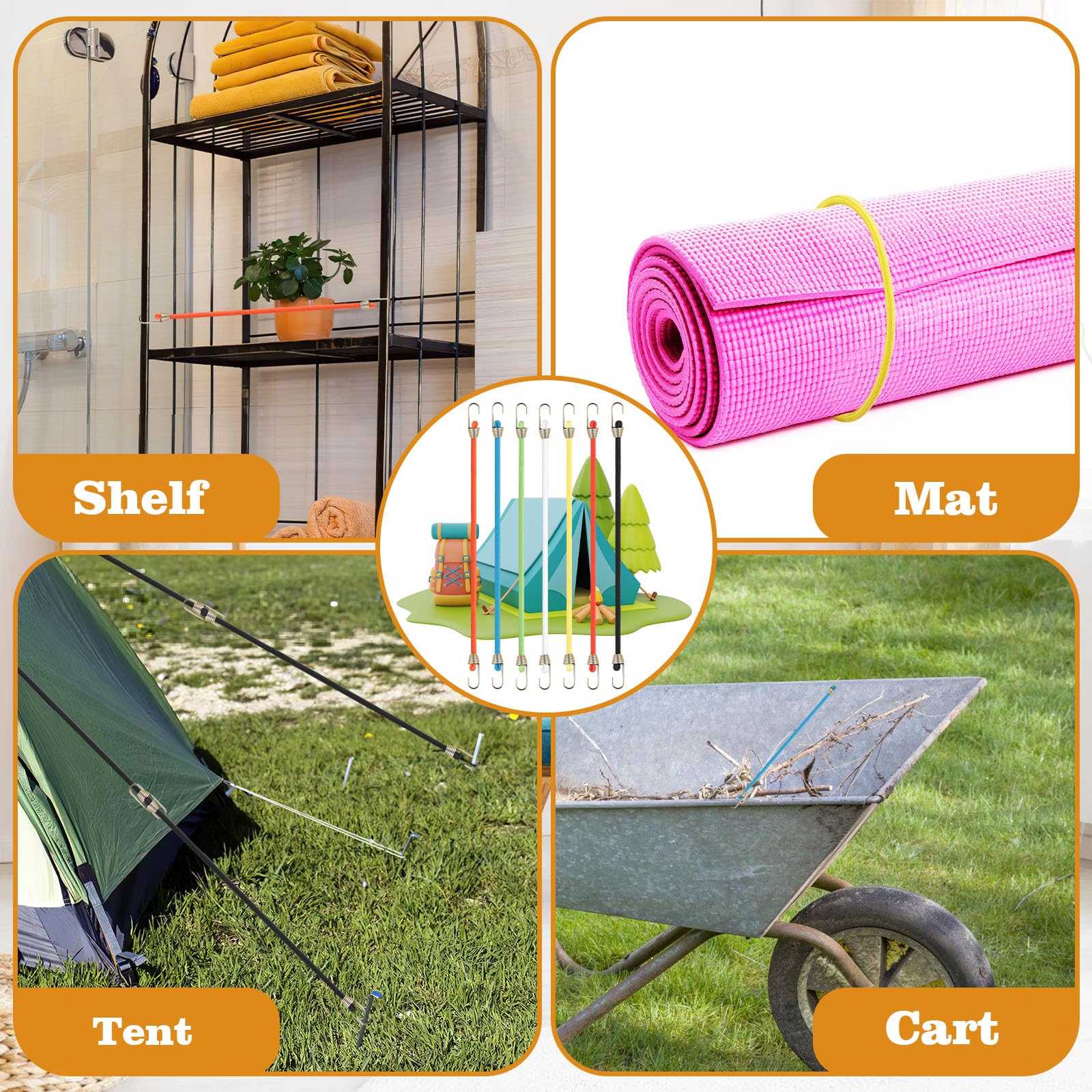 Lot de 21 mini tendeurs élastiques avec crochets, 25,4 cm, réglables et courts, résistants, en caoutchouc multicolore pour bagages, tente, bâche de camping