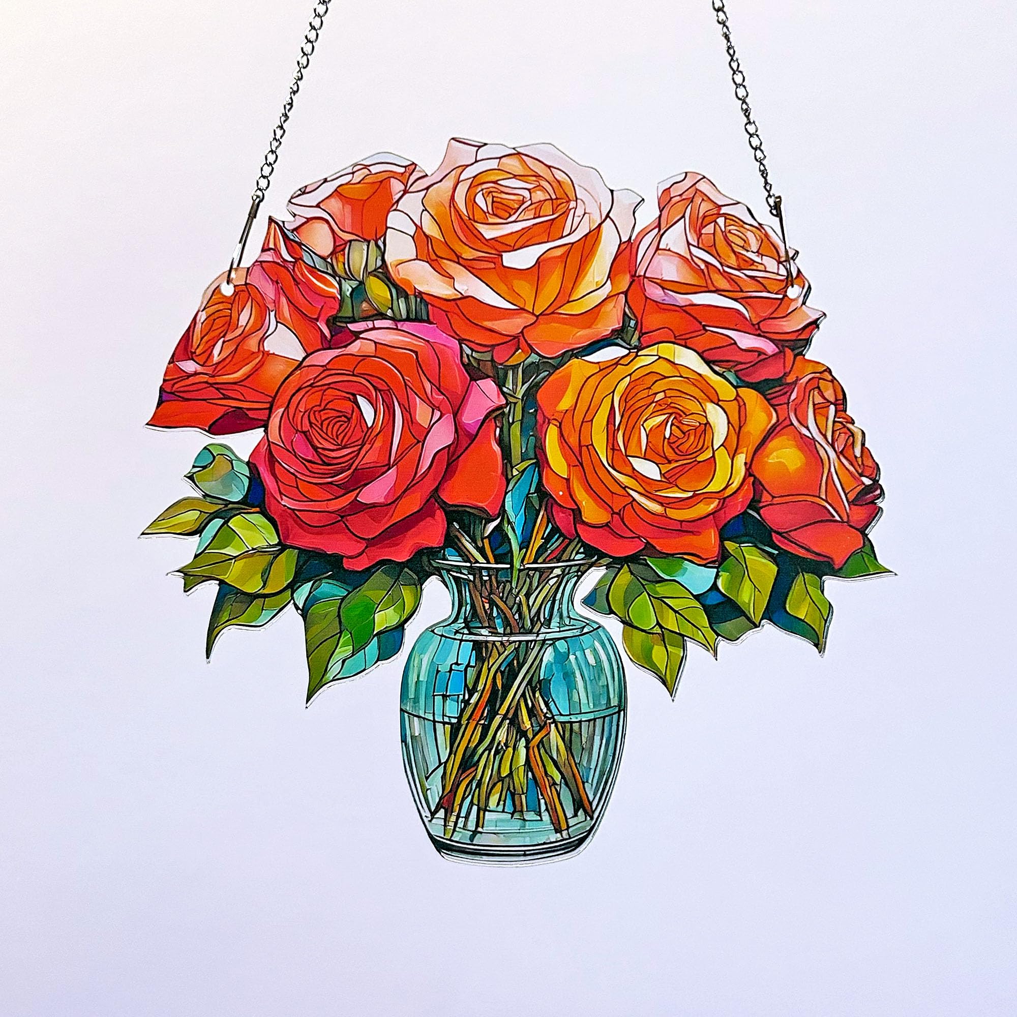 Rose Acrylic Flower Hanging Decoration – Vase Style Gift – Everlasting Floral Home Décor Ornament – Romantic Gift for Her – Rose Window Decoration