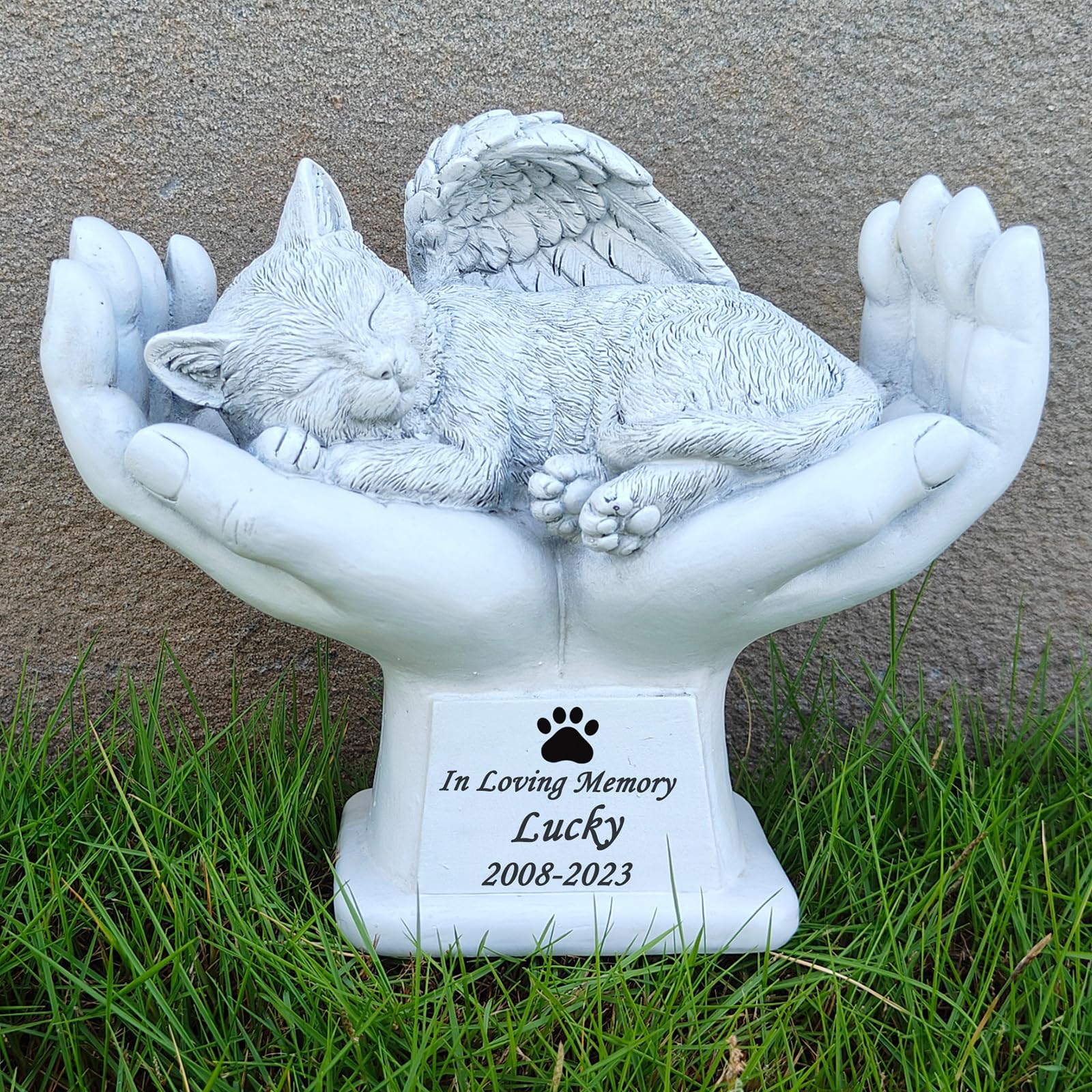 Youruitom Personalized Memorial Cat Angel Tribute Statue Resting in Peace in God's Hands, Cat Passing Away Gifts, Pet Loss Gift for Cat Pet Cat Grave Marker Stone -Customizable Name and Date