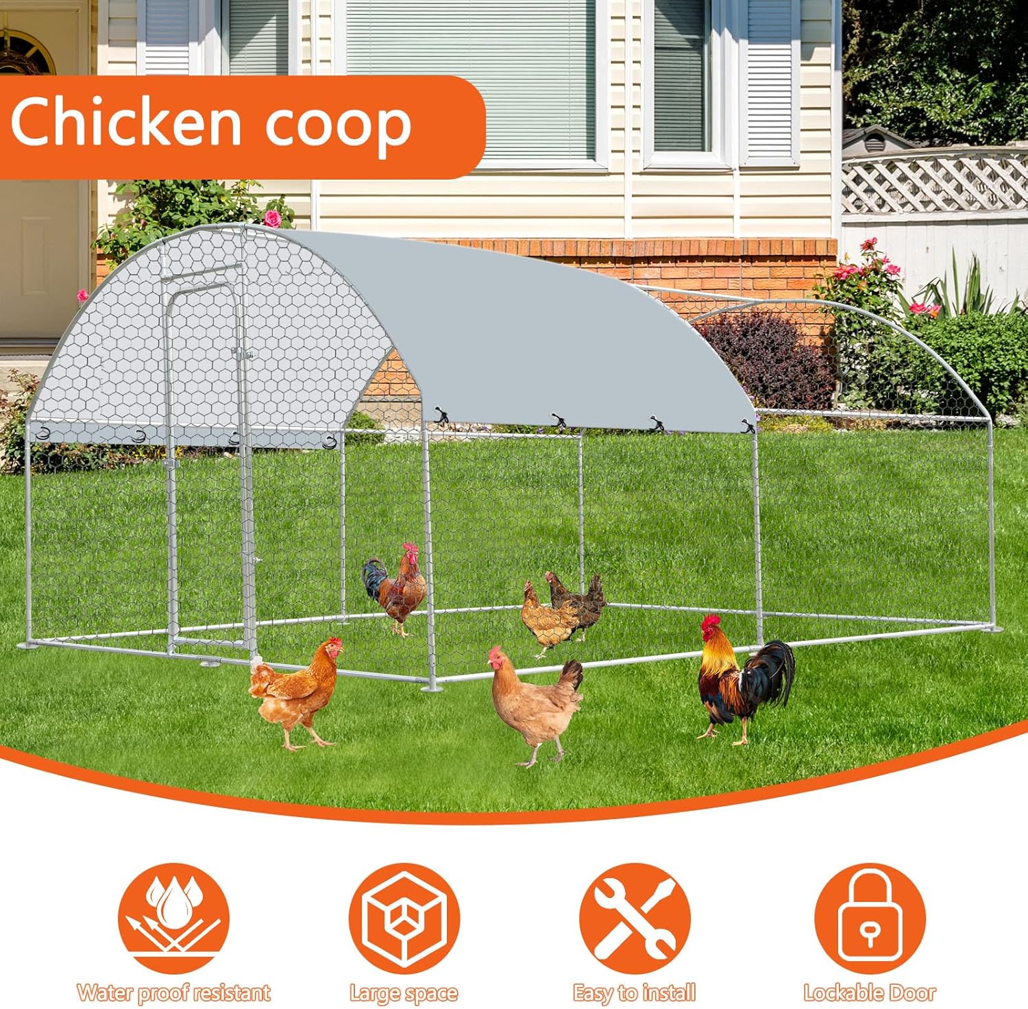 Outdoor Metal Chicken Coop Large Walk-in Poultry Cage Spire-Shaped Chicken Run with Waterproof and Anti-Ultraviolet Cover for Outside,Backyard and Farm,9.8' L*9.8' W*6.4' H