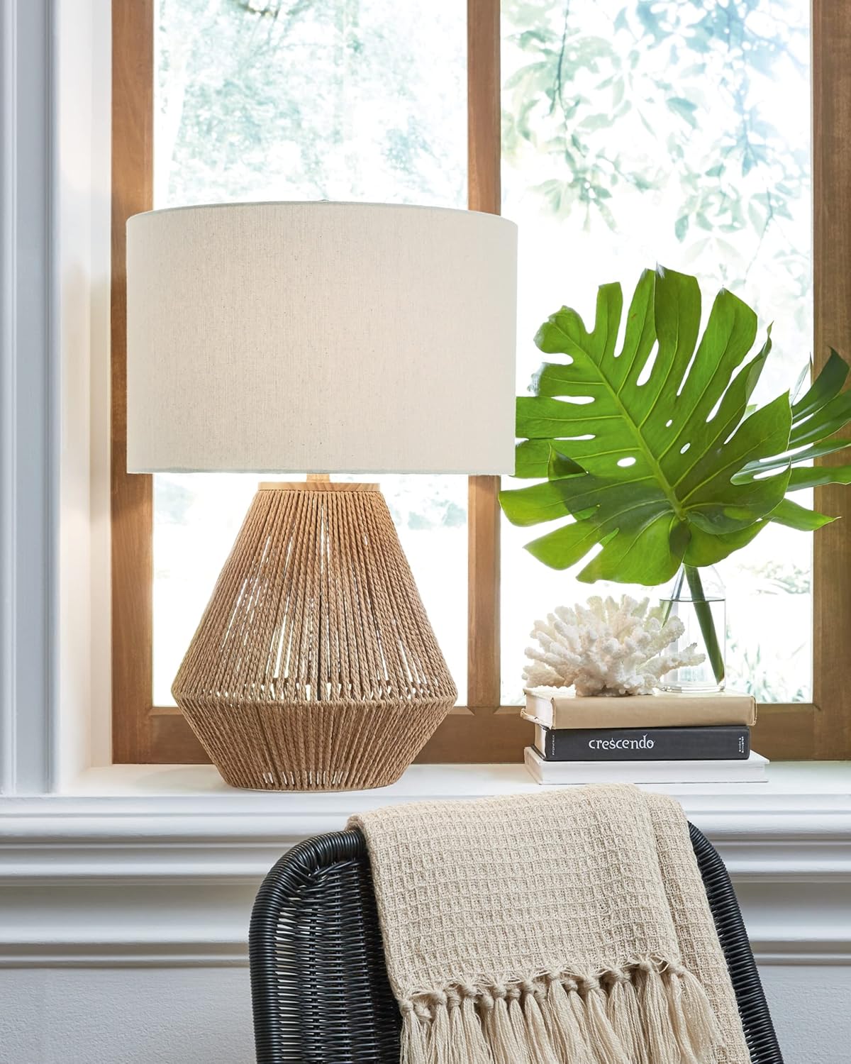 Beige and White Rope Tripod Table Lamp with Drum Shade