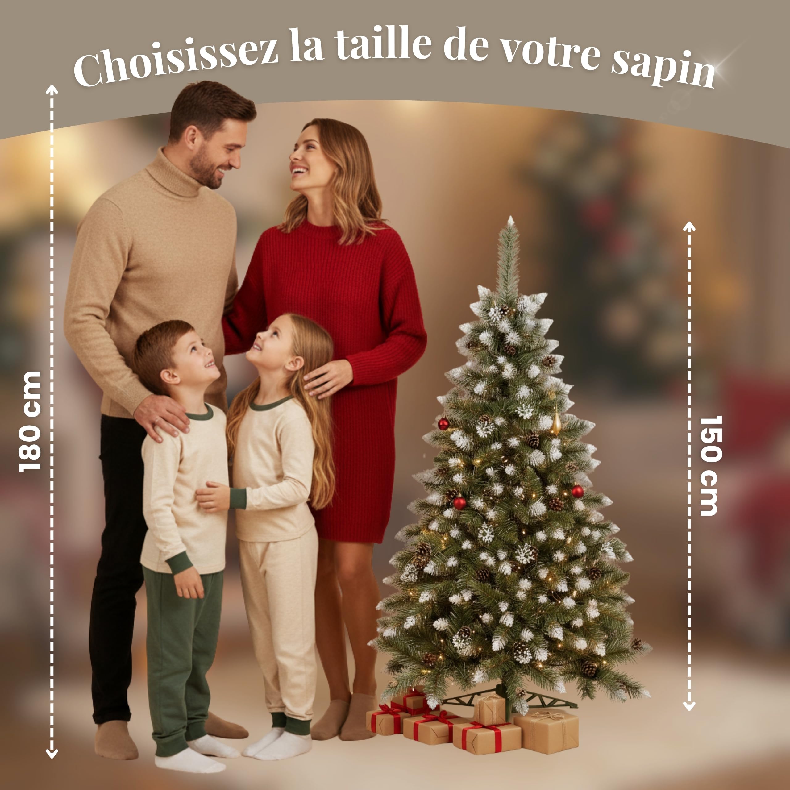 SPRINGOS Sapin de Noël Artificiel Premium 150 cm pin diamanté avec Neige Artificielle et Vrais cônes Aspect Hivernal