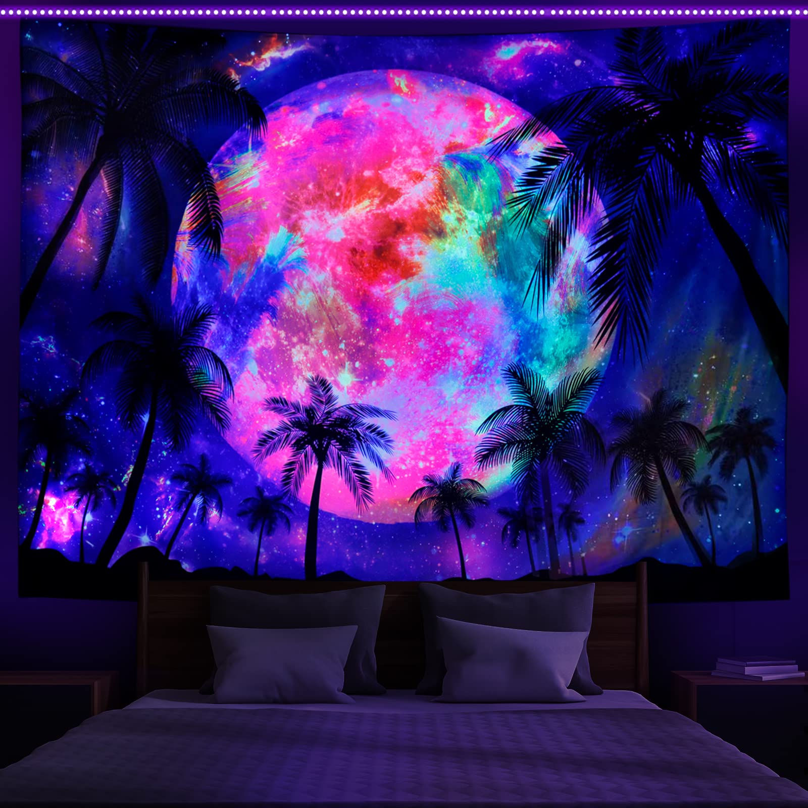 Racunbula Blacklight Moon Tapestry Galaxy Space Tapestry Tropical Coconut Palm Tree Wall Poster UV Stars Starry Sky Tapestries Colorful Aurora Nature Tapestries Wall Hanging for Bedroom