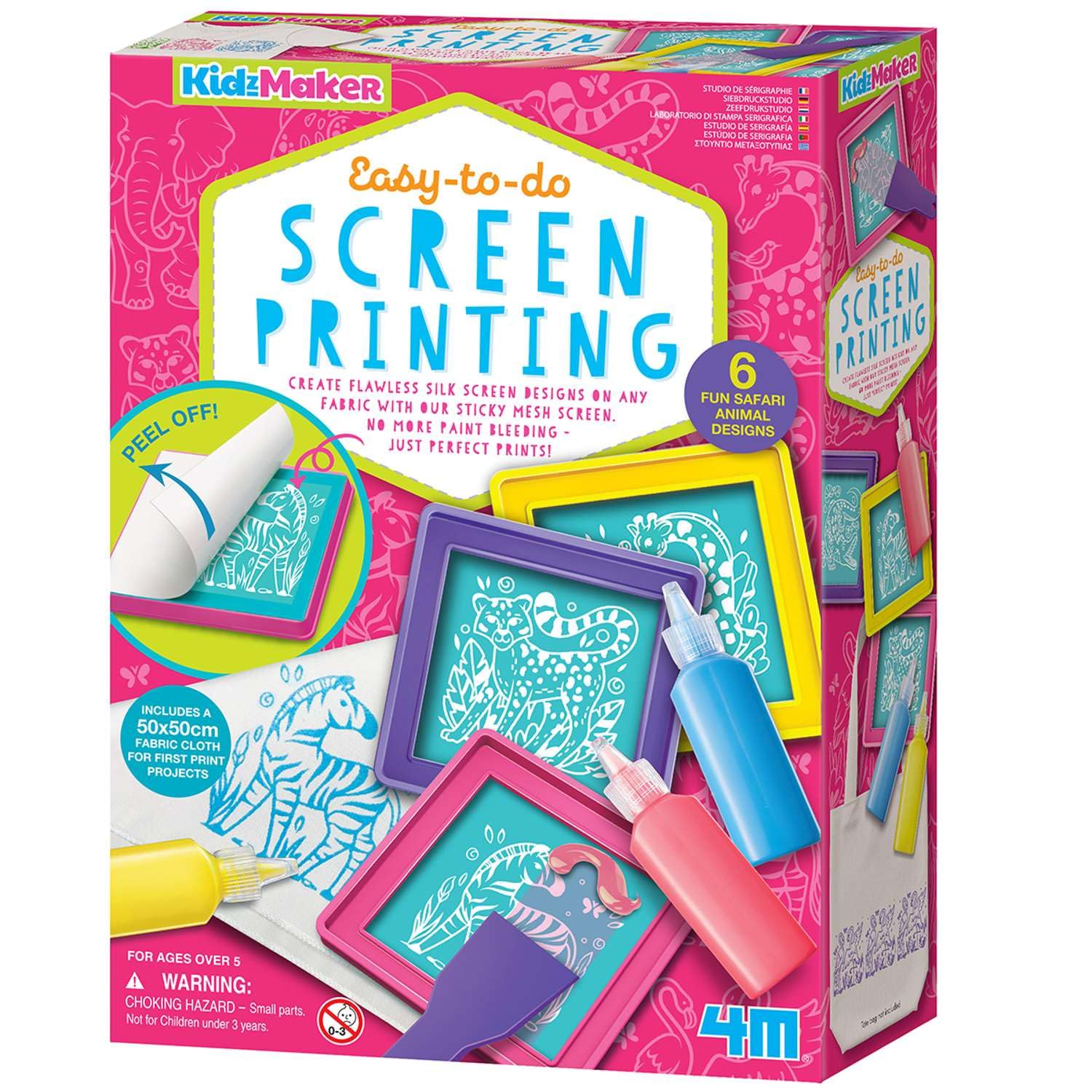 KidzMaker Easy to Do Screen Printing Kit – Create Safari Animal Silk-Screen Designs on Fabric with Sticky Mesh Screens, Paints & Cloth, Beginner Craft and STEM Art Kit for Kids Ages 5–14