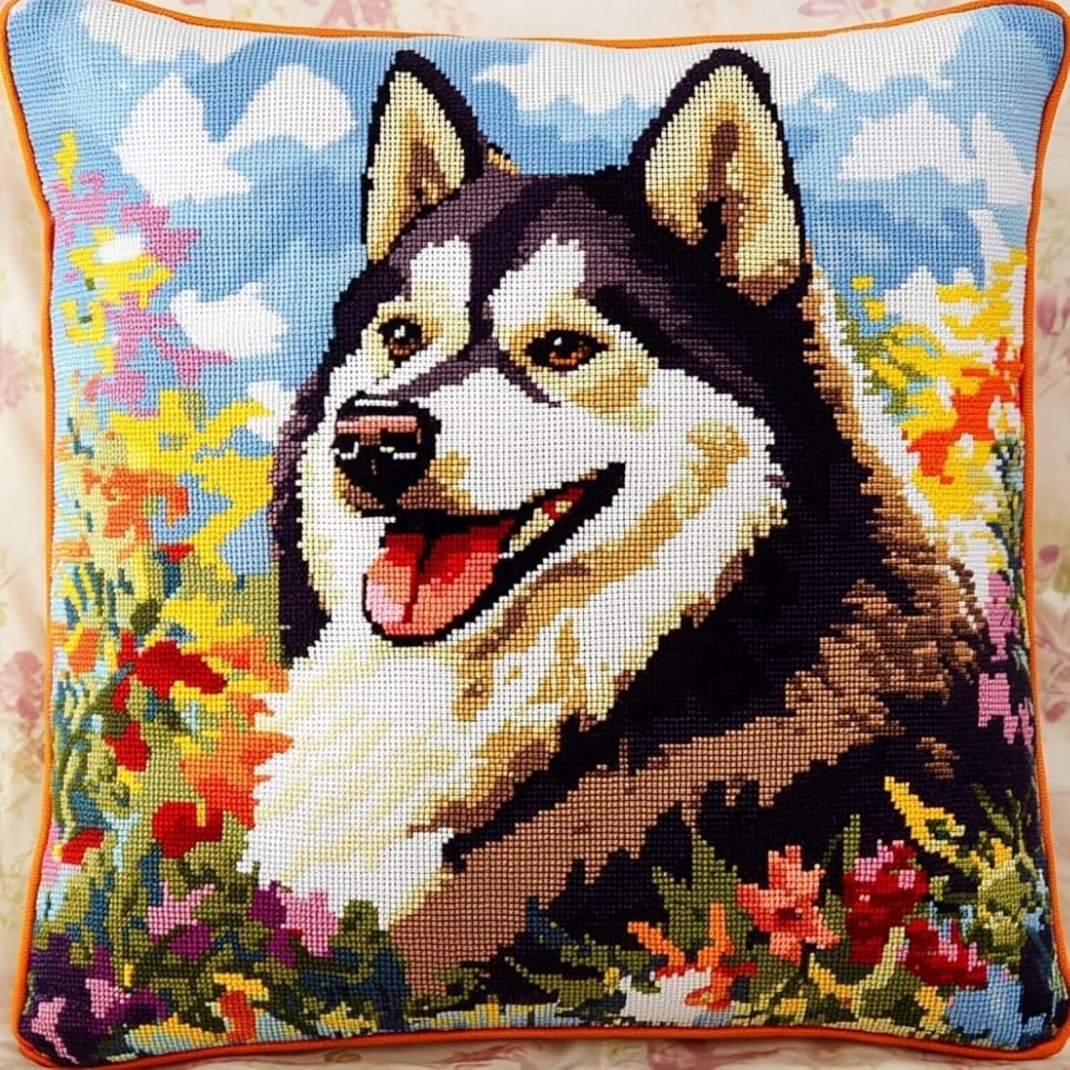 Nahuigood 11Ct Stamped Cross Stitch Kit,Husky 45X45cm Diy Embroidery Cushion,Tapestry Pillow Kit For Living Room Sewing Supplies Adults Beginners Gift