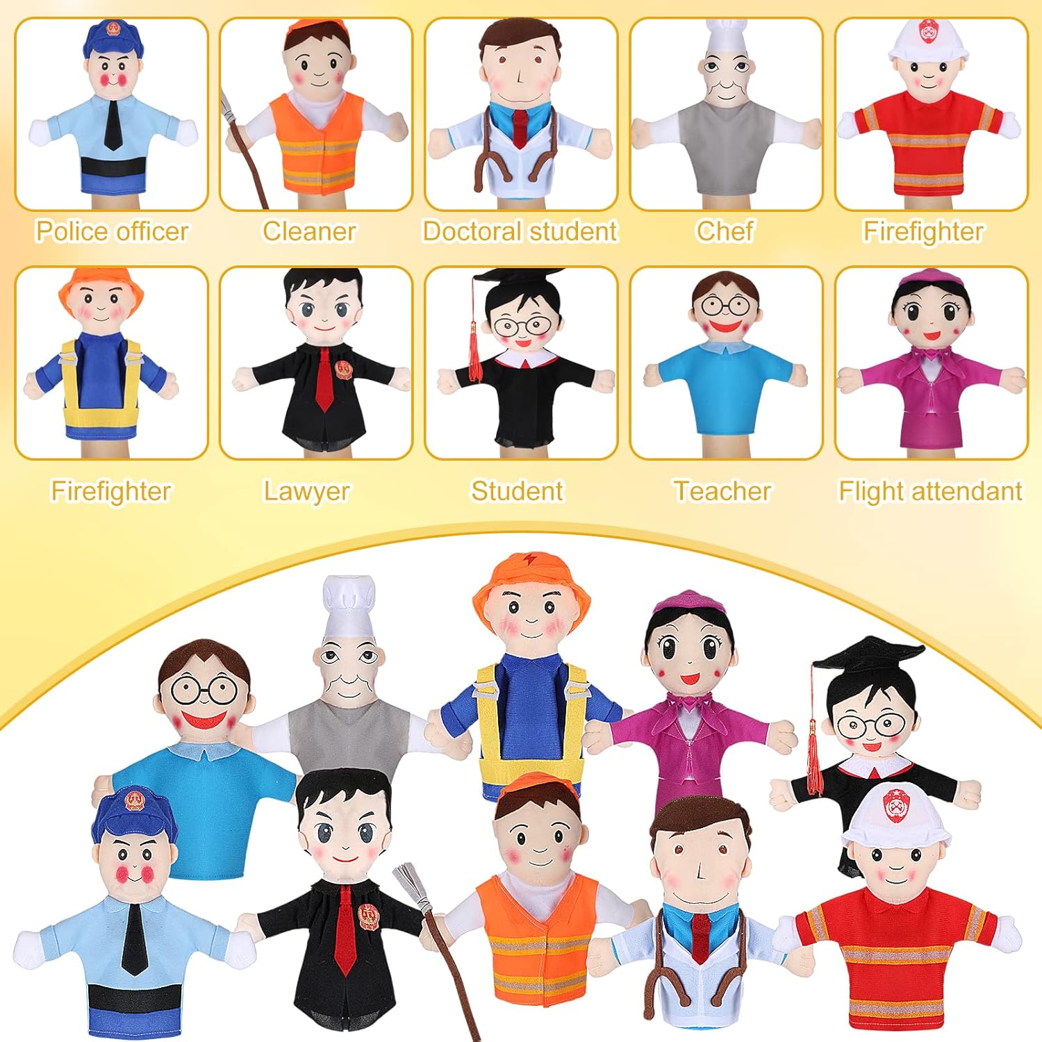 Lenwen 10 Pcs Hand Puppets Set for Kids 12.2'' Multicultural Hand Puppets Bulk Soft Plush Learning Interaction Suitable for Home Daycare School Classroom Role Play Theater Shows