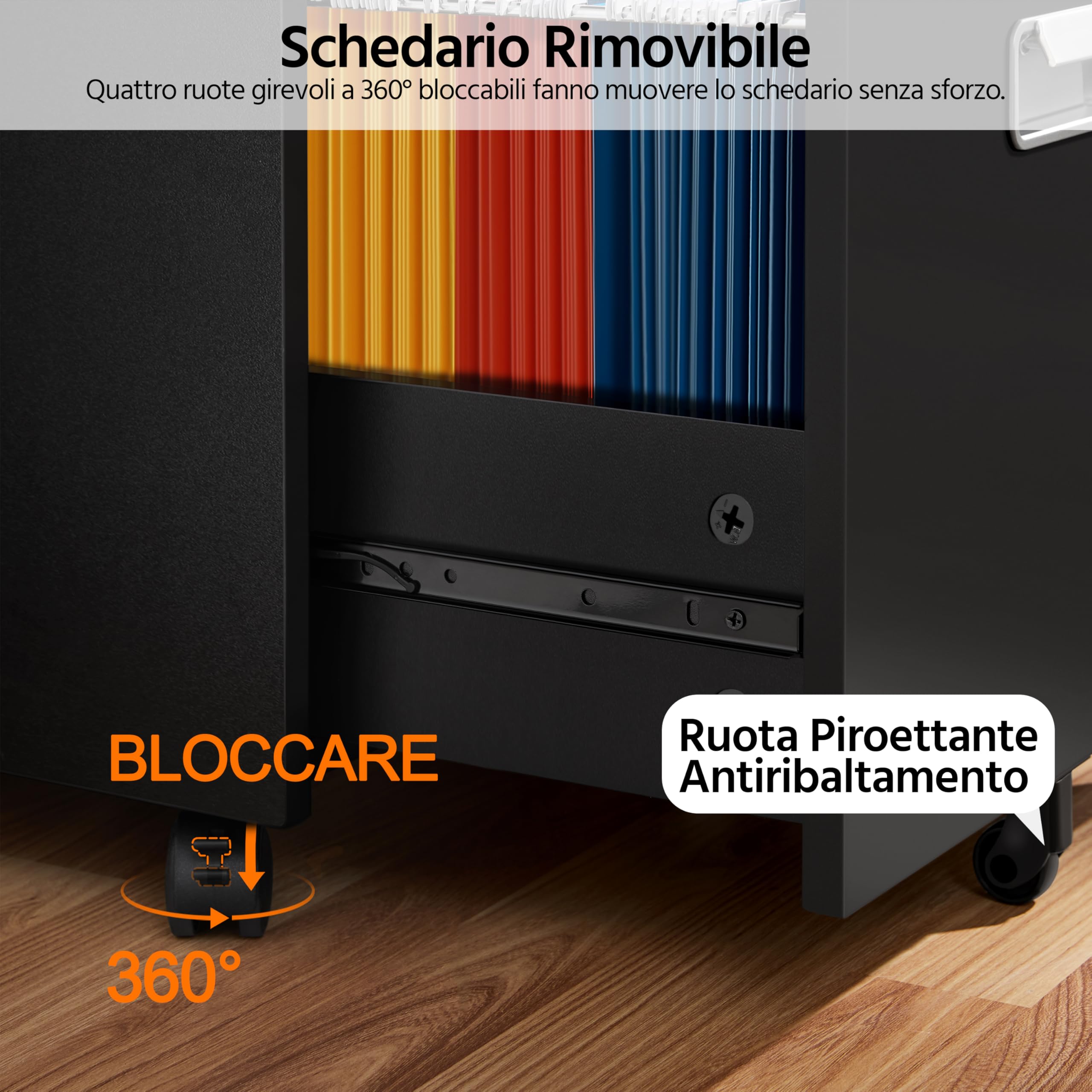 Yaheetech Cassettiera da Scrivania con 3 Cassetti Salvaspazio Archivio Schedario Portadocumenti Mobiletto da Ufficio Rimovibile con Ruote per Ufficio Studio (Nero)