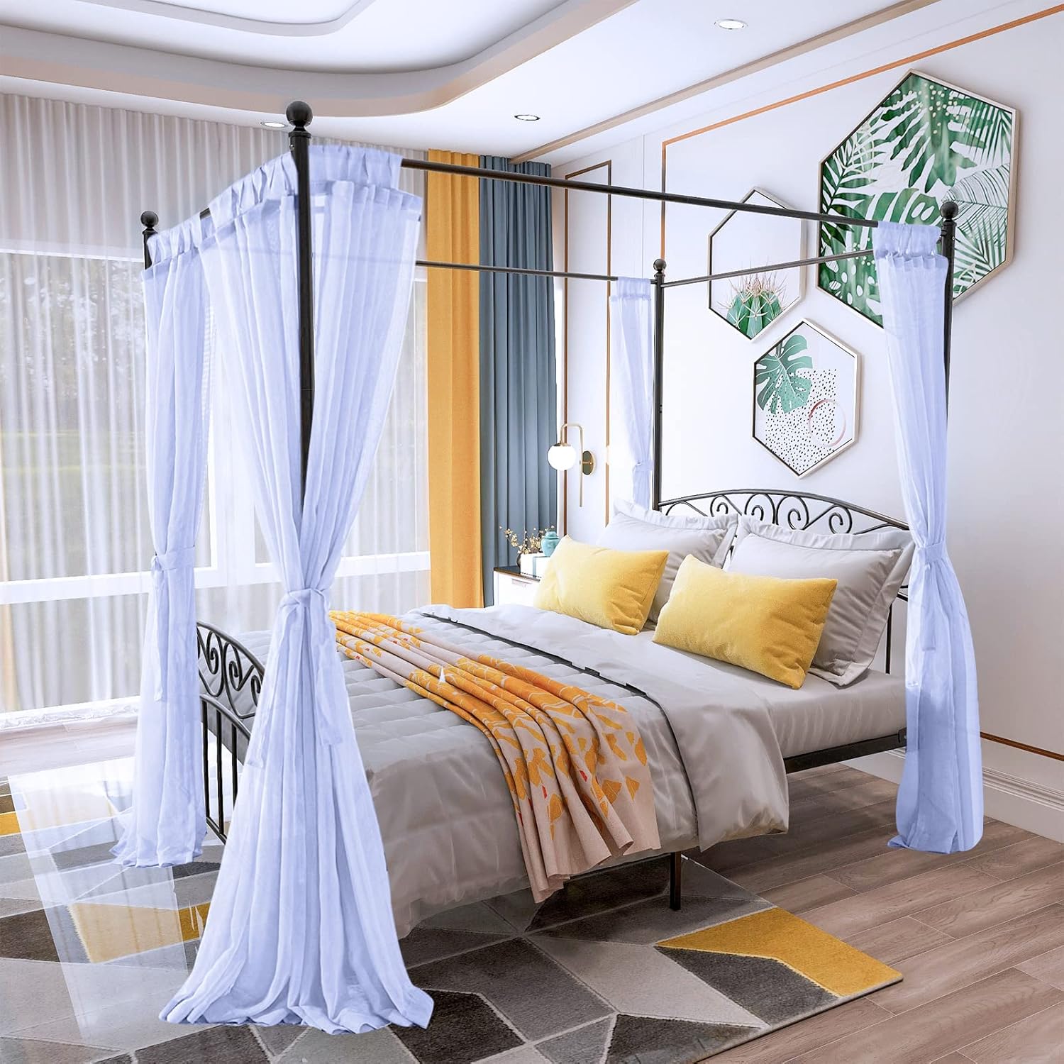 Canopy Bed Frame Queen Size, Black Canopy Bed with Headboard and