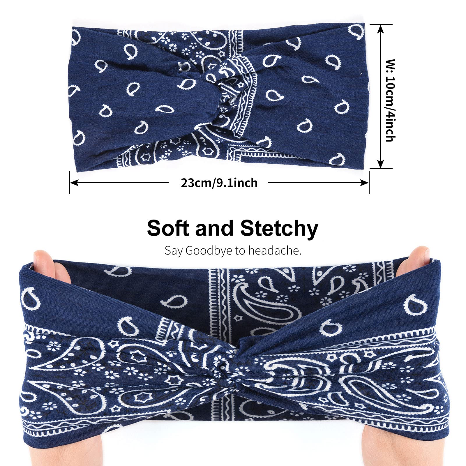MarchQueen opaski na głowę w stylu retro z nadrukiem paisley dla kobiet, wiązane, boho, rozciągliwe opaski na głowę, joga, sport, opaski do włosów dla dziewcząt, 6 opakowań